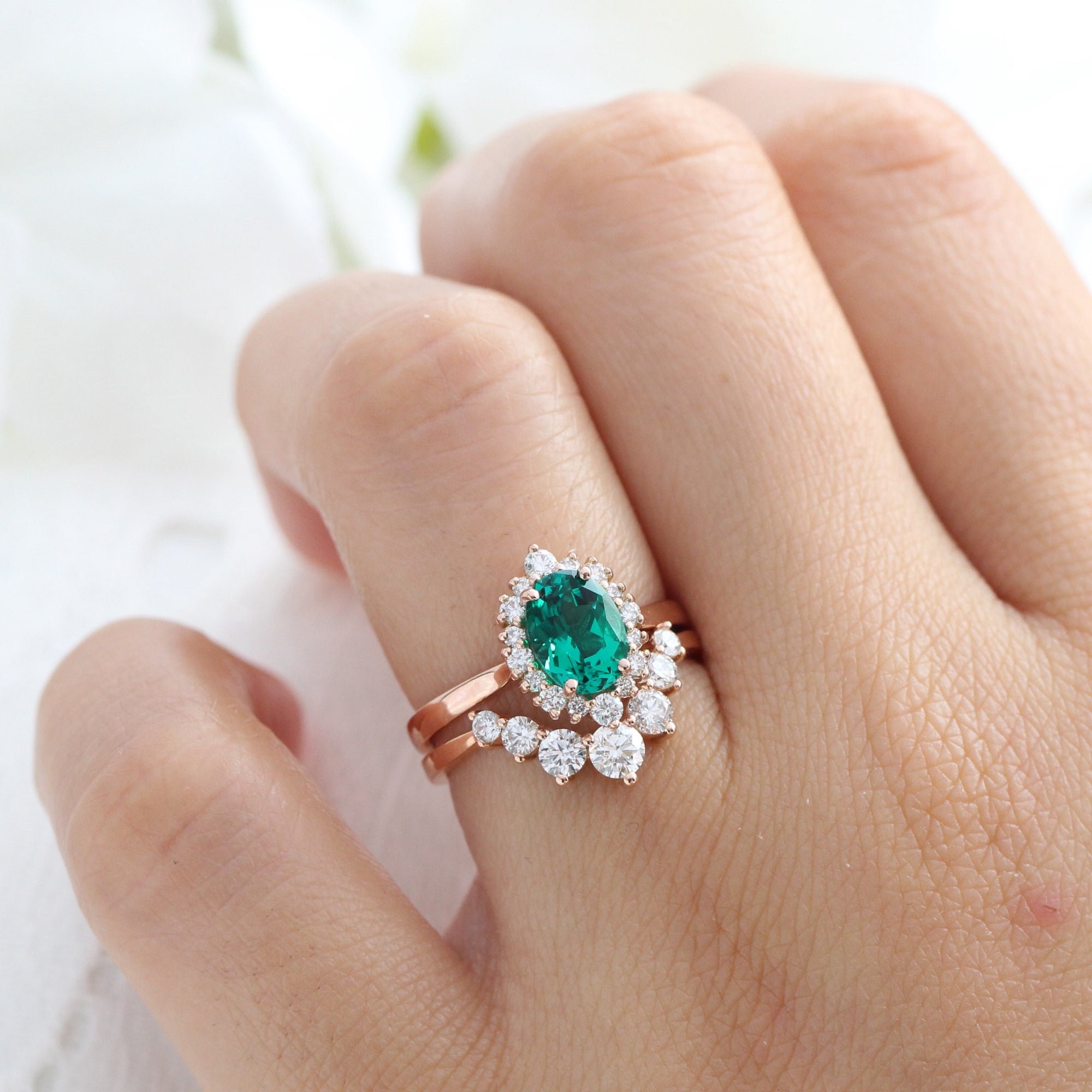 Oval Lab Created Emerald Engagement Ring Solitaire With Diamond Accent