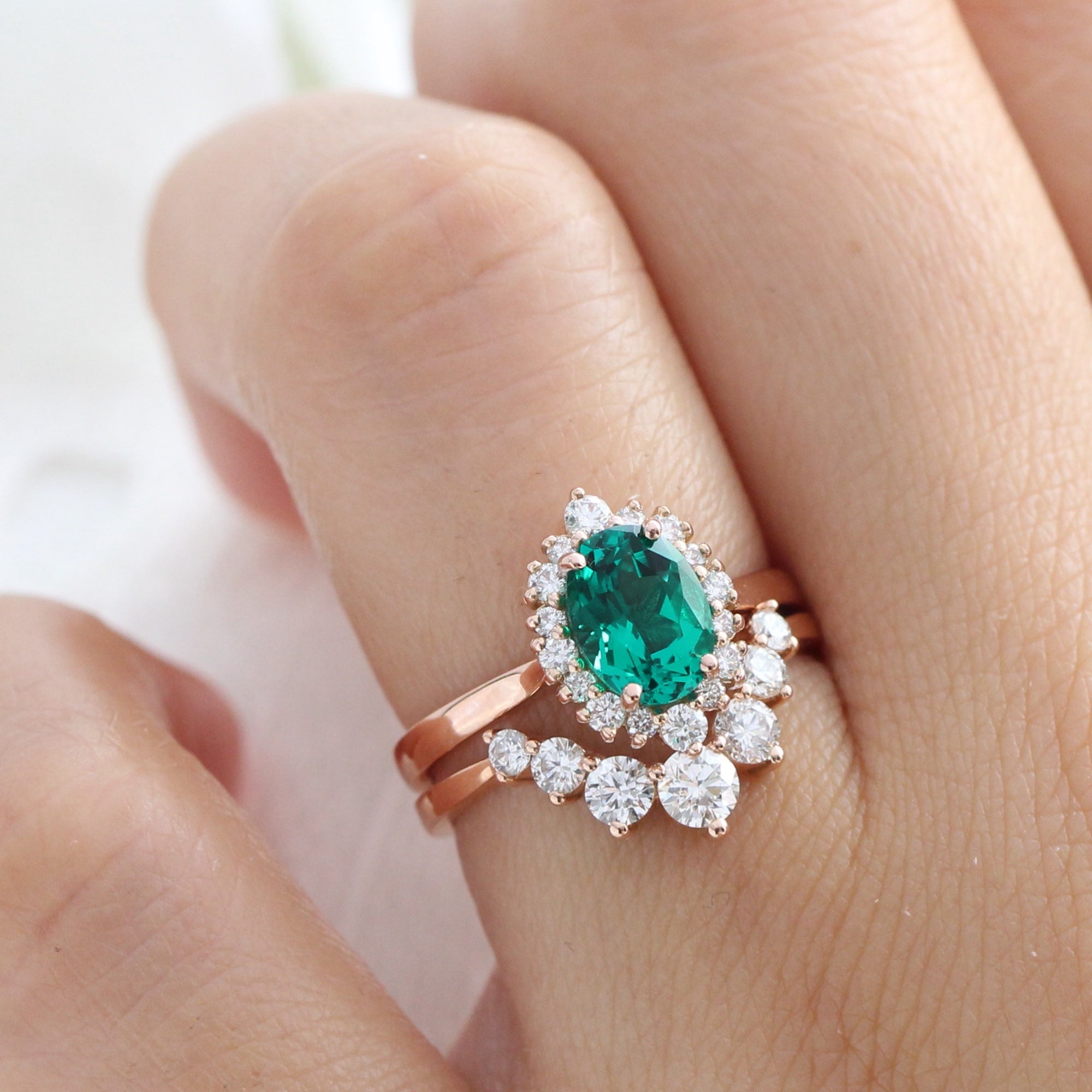 Halo diamond emerald ring stock rose gold u shaped wedding band la more design jewelry