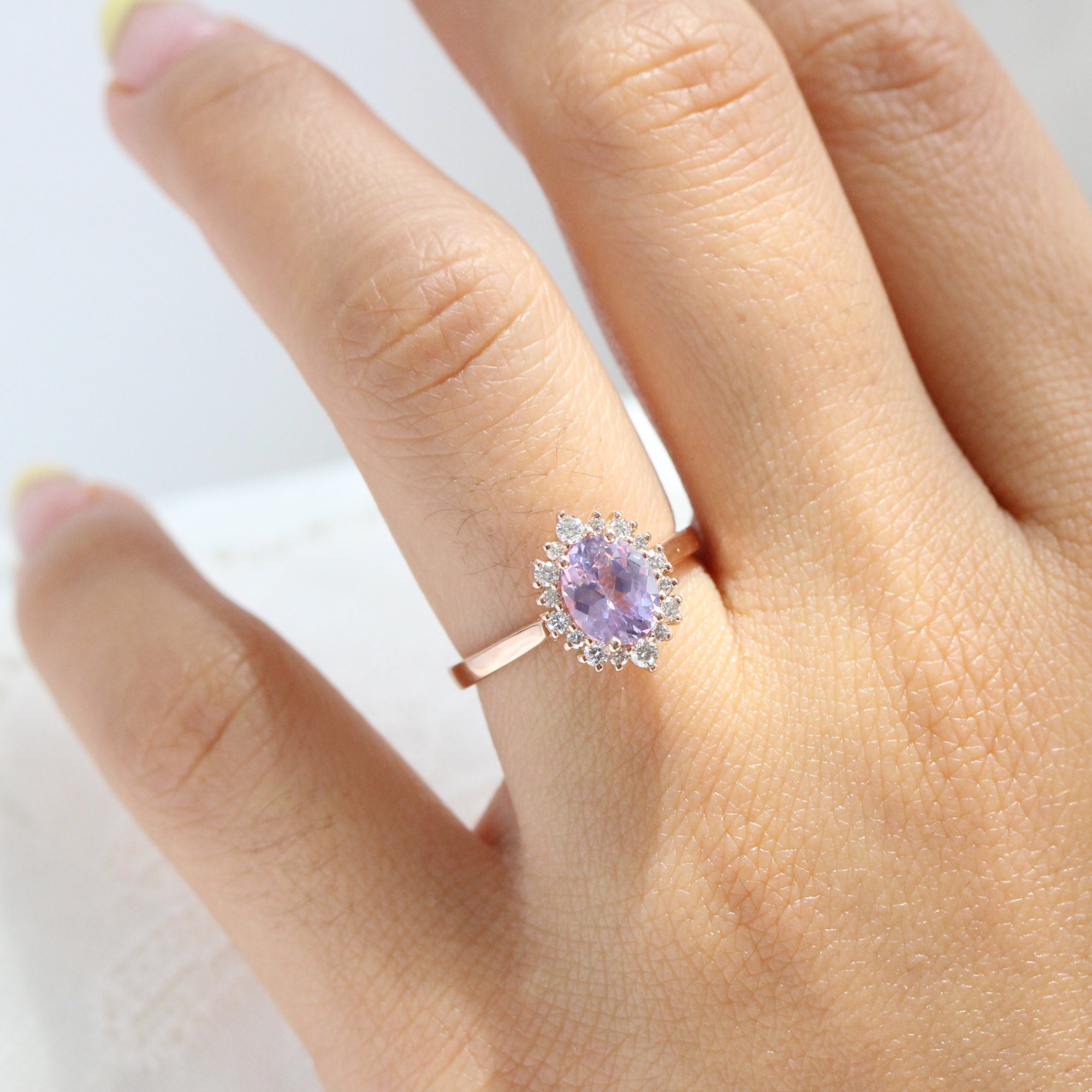 Halo diamond lavender sapphire ring rose gold cluster engagement ring la more design jewelry