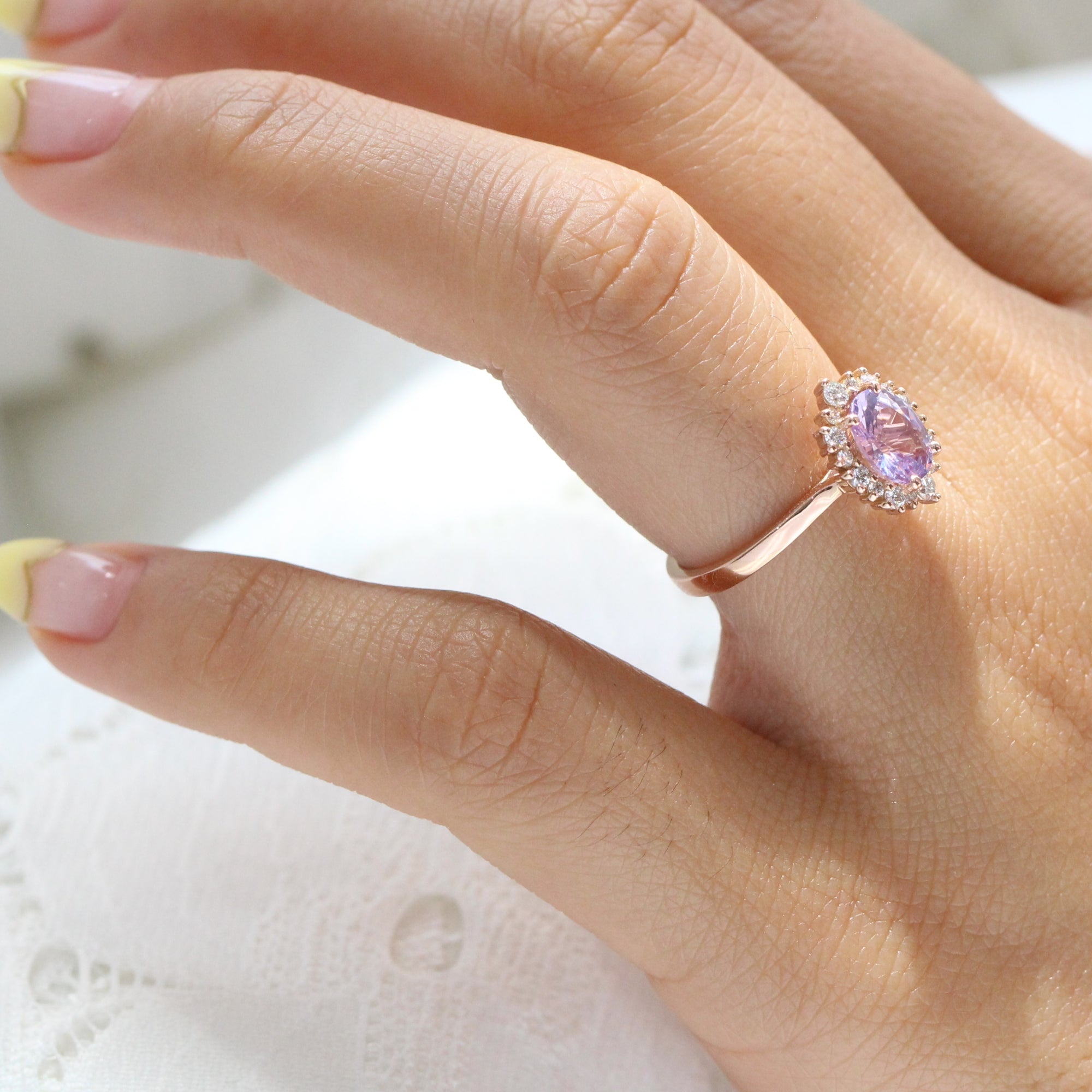 Halo diamond lavender sapphire ring rose gold cluster engagement ring la more design jewelry