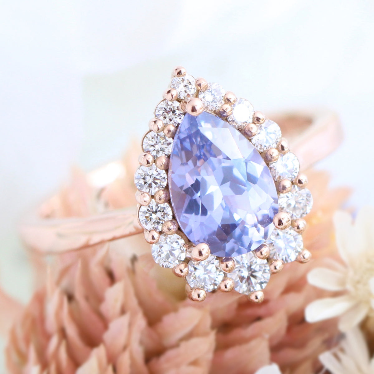 Halo diamond lavender sapphire ring rose gold pear engagement ring la more design jewelry