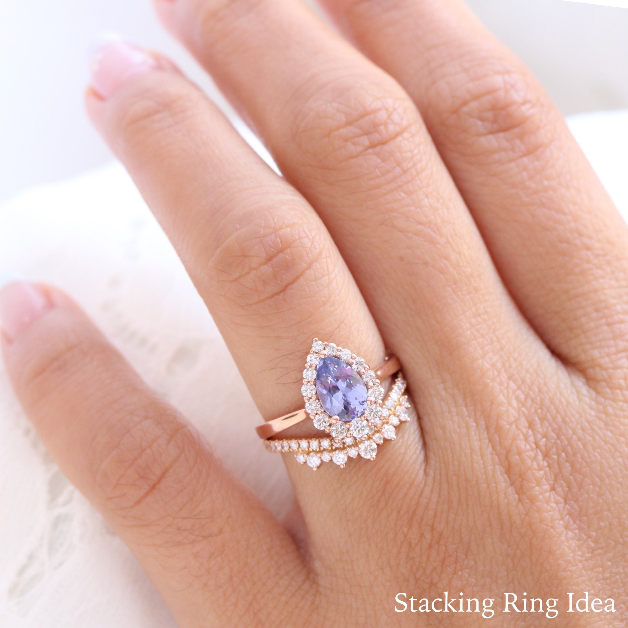 Halo diamond lavender sapphire ring rose gold pear engagement ring la more design jewelry