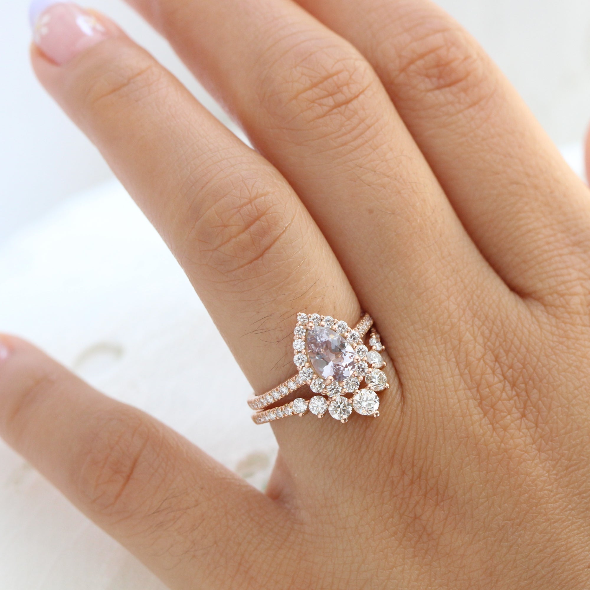 Halo diamond lavender sapphire ring rose gold pear engagement ring la more design jewelry