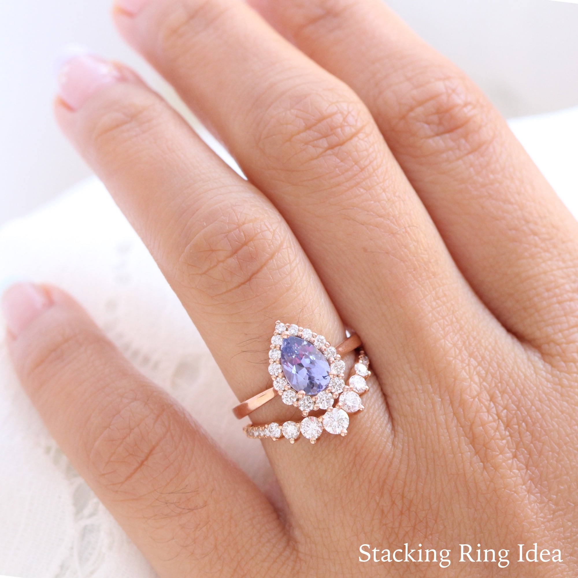 Halo diamond lavender sapphire ring rose gold pear engagement ring la more design jewelry