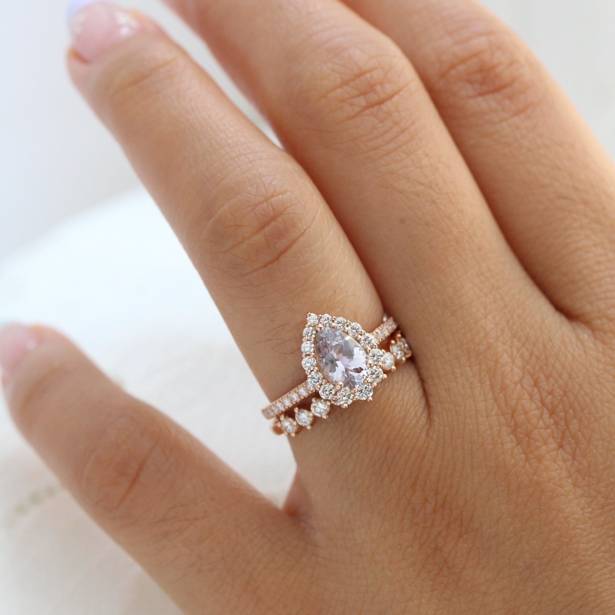 Halo diamond lavender sapphire ring rose gold pear engagement ring la more design jewelry
