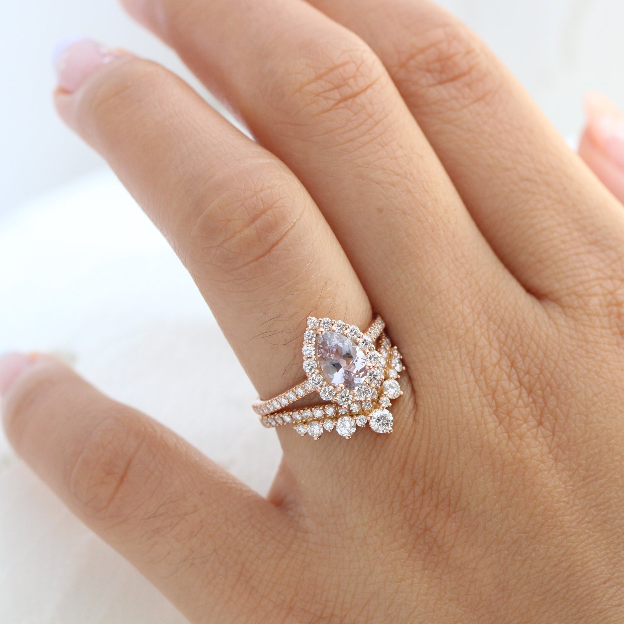 Halo diamond lavender sapphire ring rose gold pear engagement ring la more design jewelry