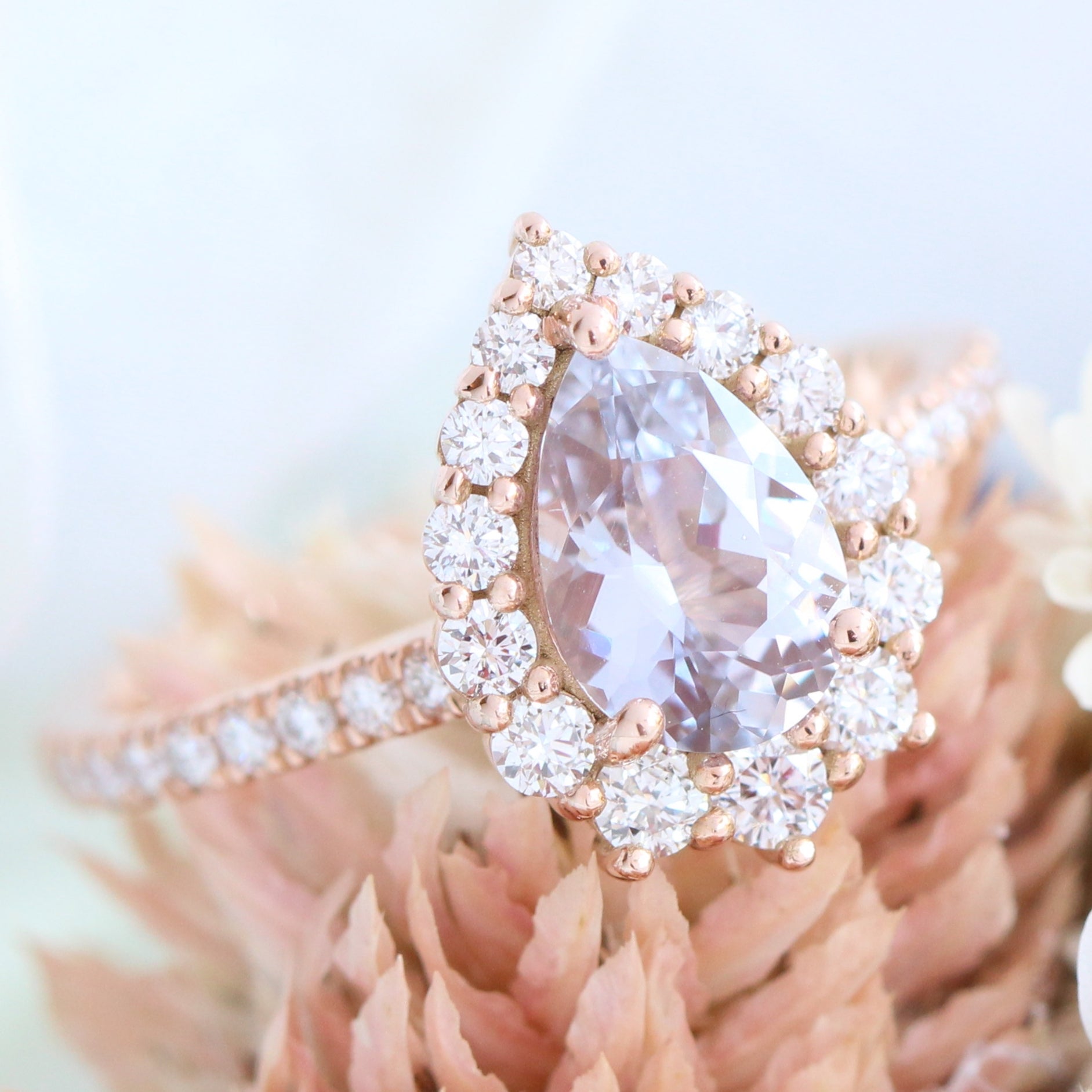 Halo diamond lavender sapphire ring rose gold pear engagement ring la more design jewelry