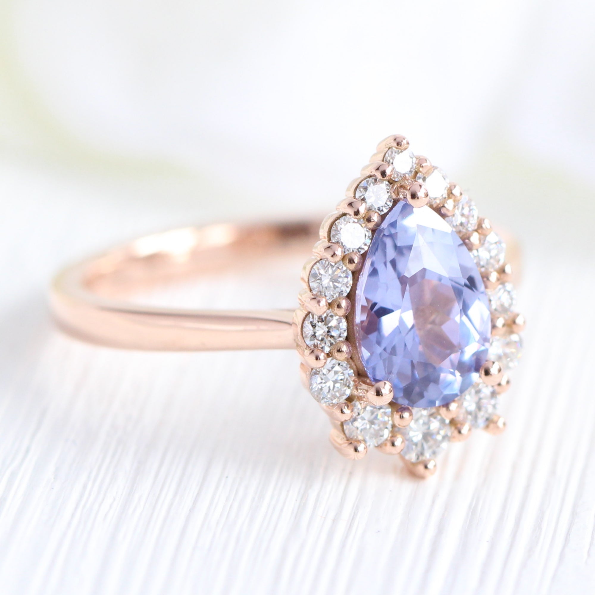 Halo diamond lavender sapphire ring rose gold pear engagement ring la more design jewelry