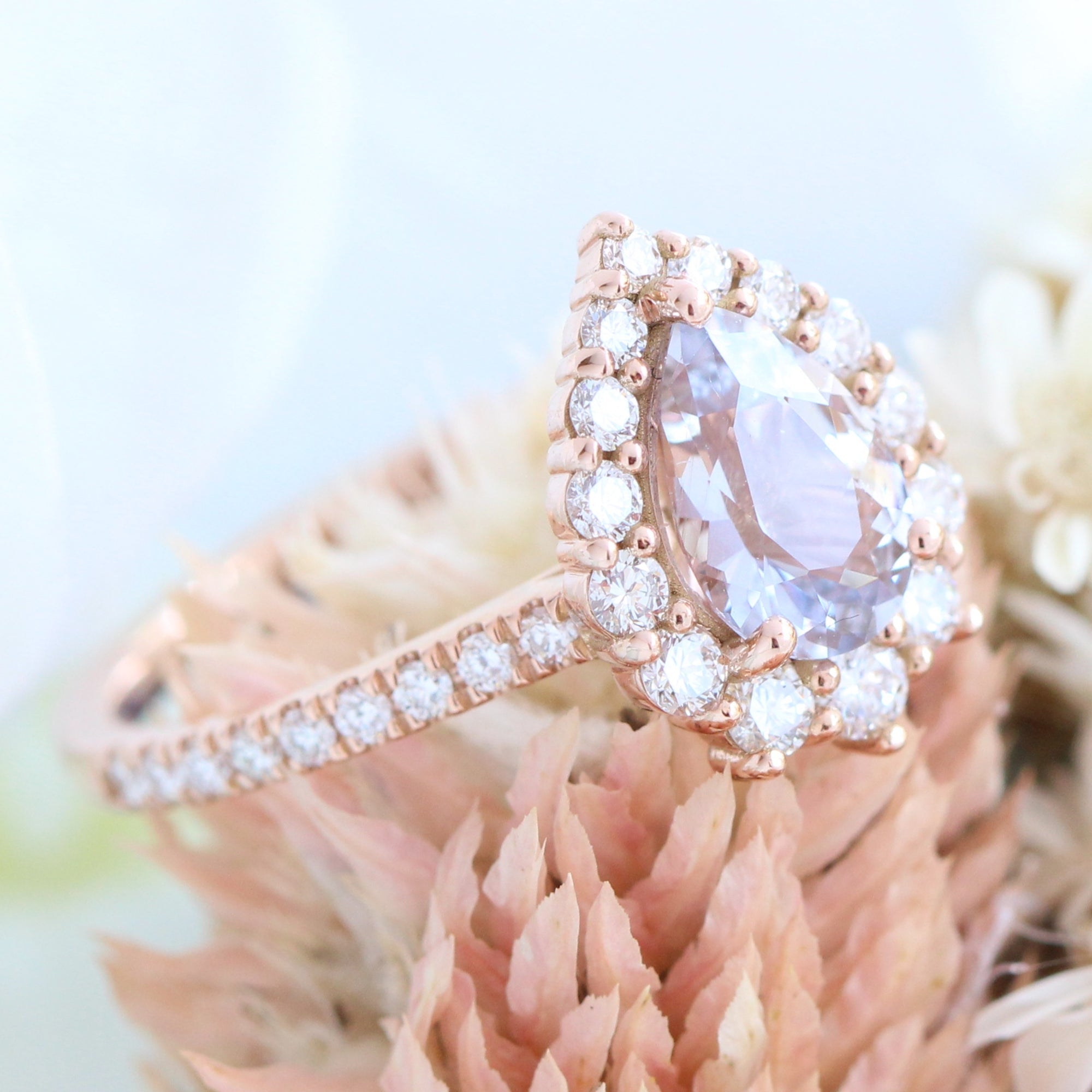 Halo diamond lavender sapphire ring rose gold pear engagement ring la more design jewelry