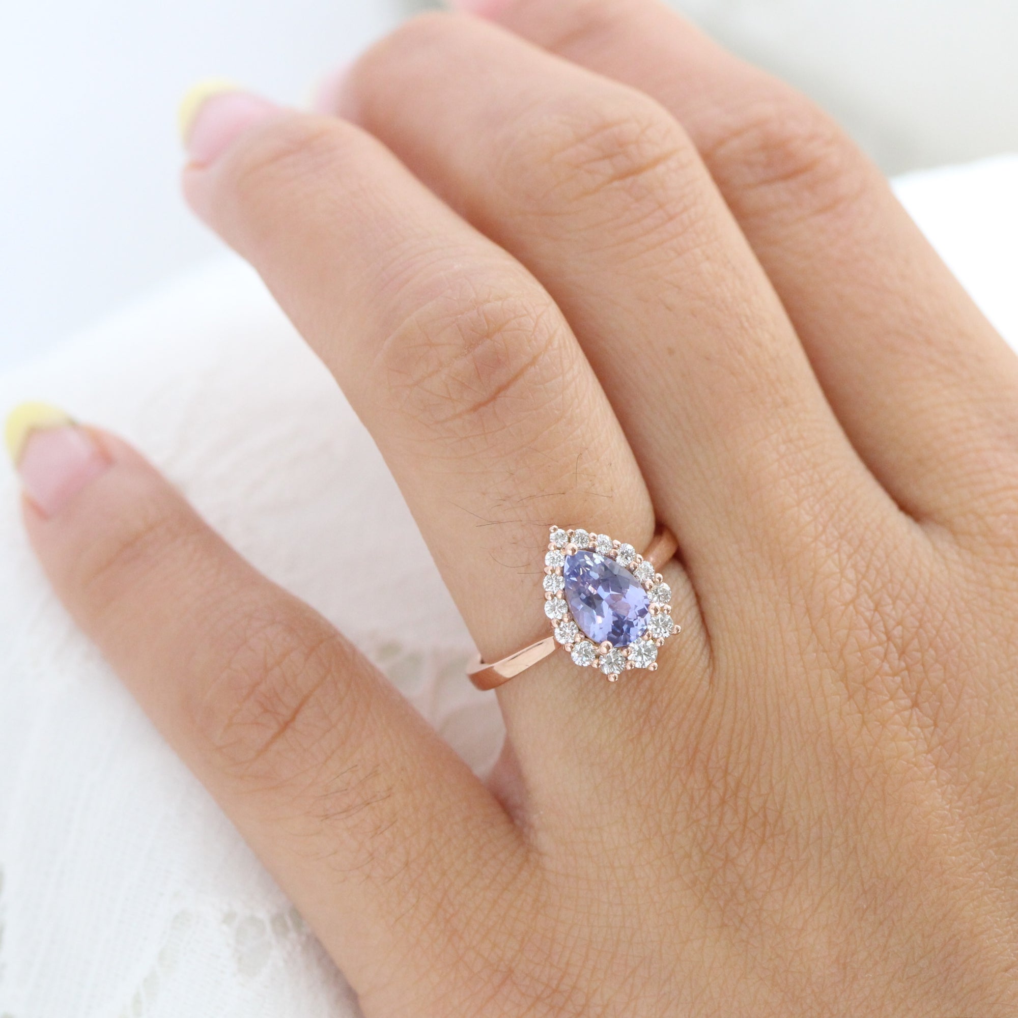 Halo diamond lavender sapphire ring rose gold pear engagement ring la more design jewelry