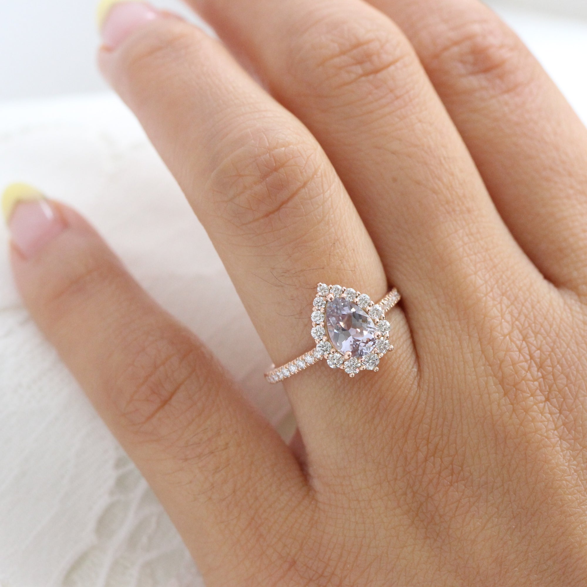 Halo diamond lavender sapphire ring rose gold pear engagement ring la more design jewelry