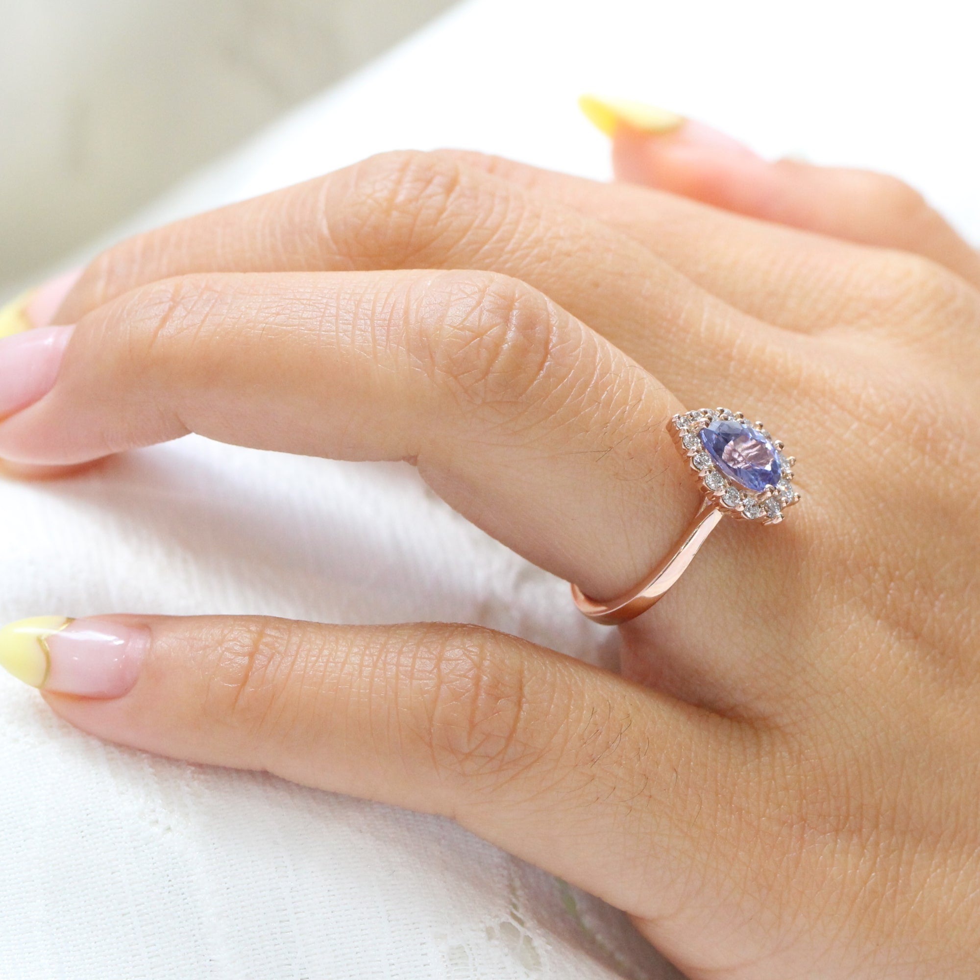 Halo diamond lavender sapphire ring rose gold pear engagement ring la more design jewelry