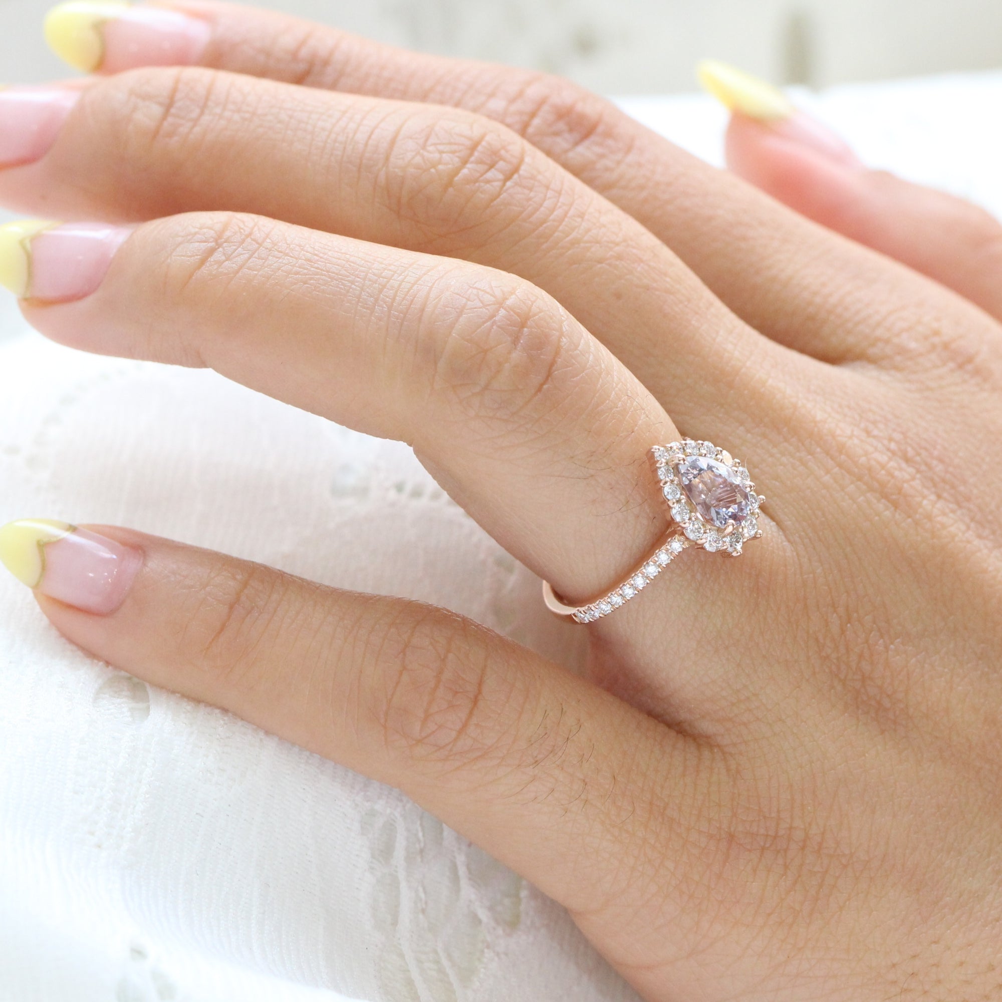 Halo diamond lavender sapphire ring rose gold pear engagement ring la more design jewelry