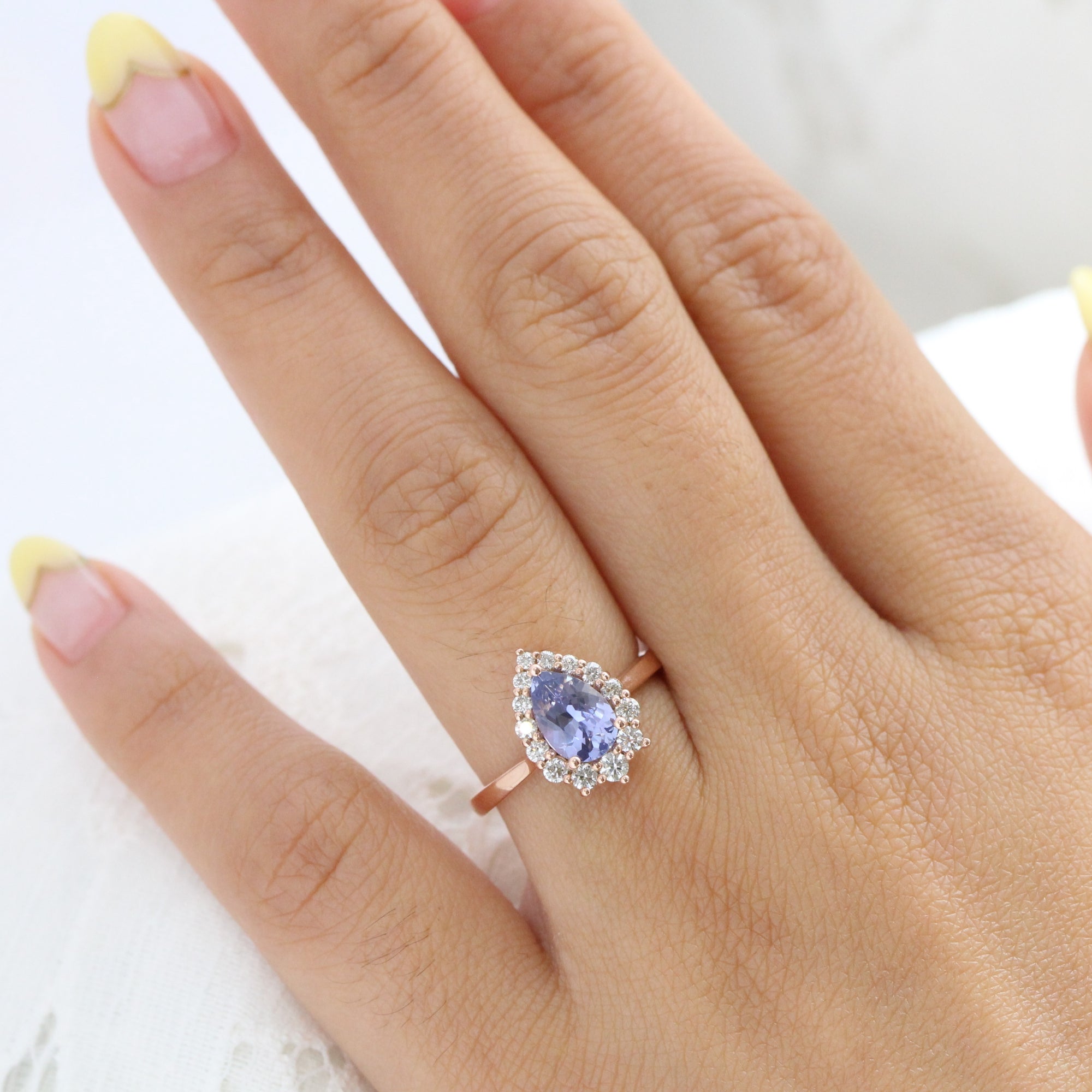 Halo diamond lavender sapphire ring rose gold pear engagement ring la more design jewelry