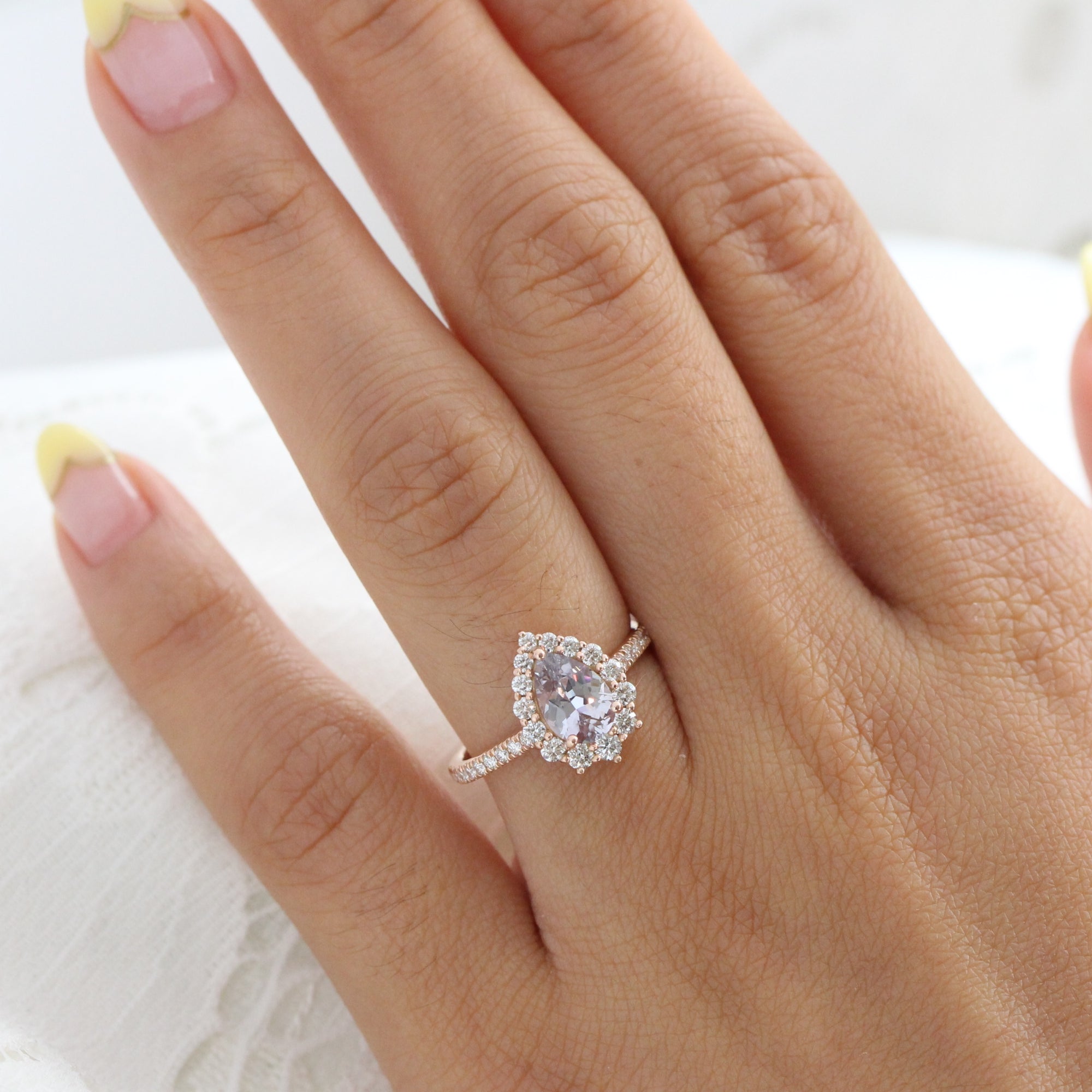Halo diamond lavender sapphire ring rose gold pear engagement ring la more design jewelry