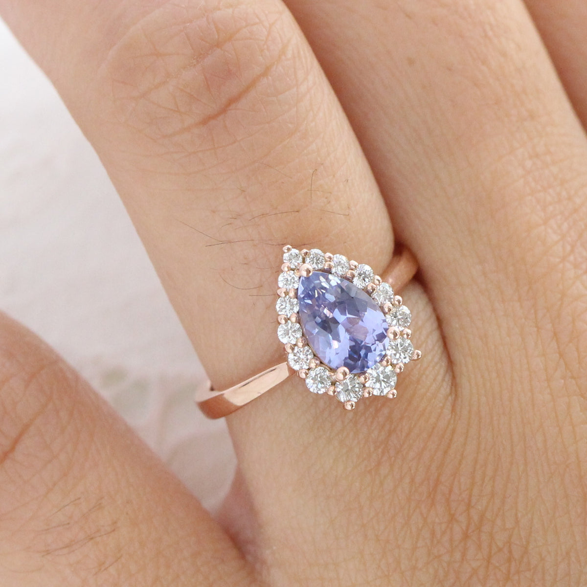 Halo diamond lavender sapphire ring rose gold pear engagement ring la more design jewelry
