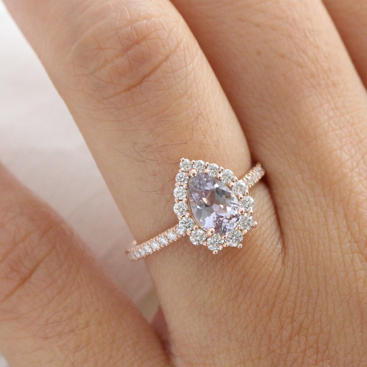 Halo diamond lavender sapphire ring rose gold pear engagement ring la more design jewelry