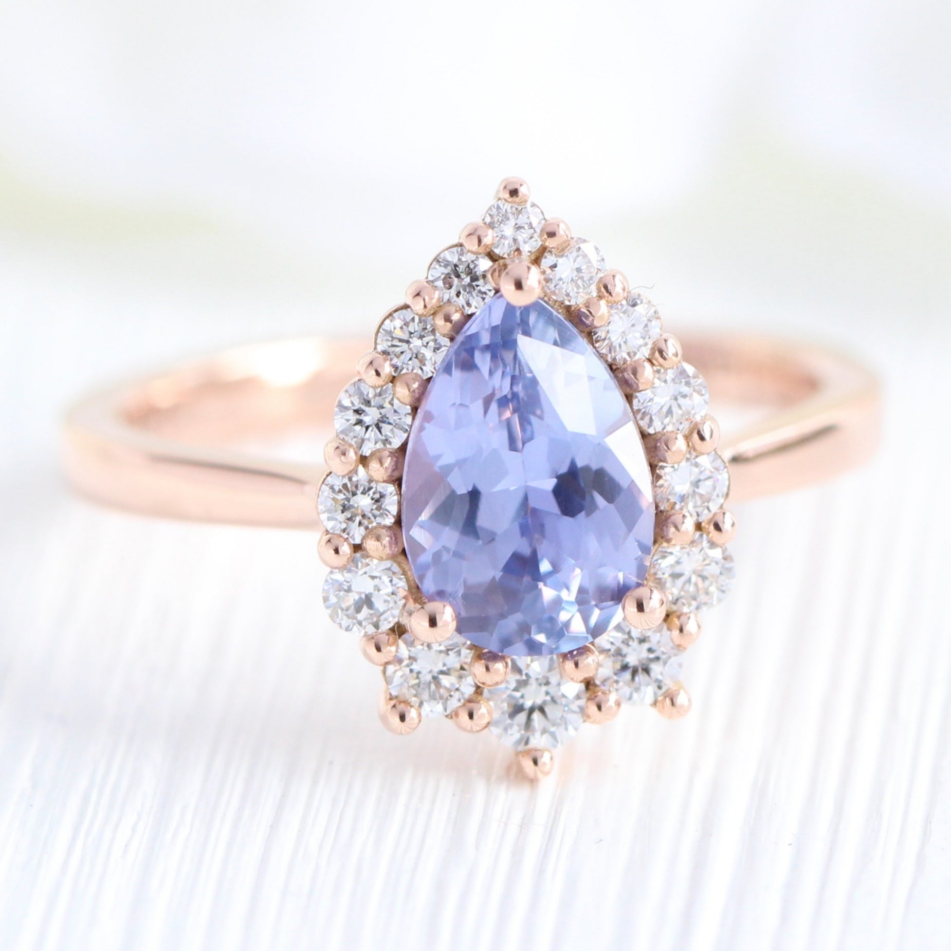 Halo diamond lavender sapphire ring rose gold pear engagement ring la more design jewelry