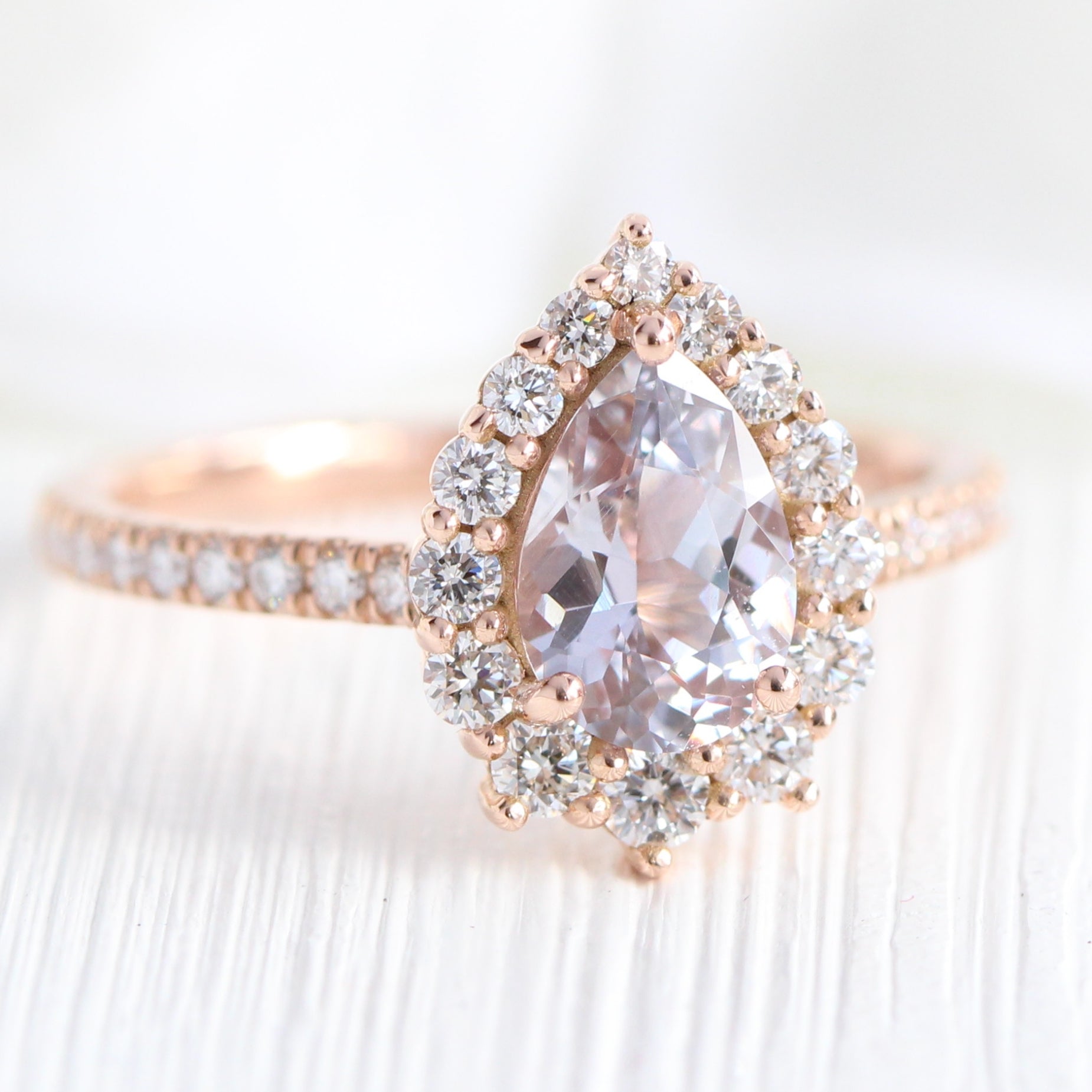 Halo diamond lavender sapphire ring rose gold pear engagement ring la more design jewelry