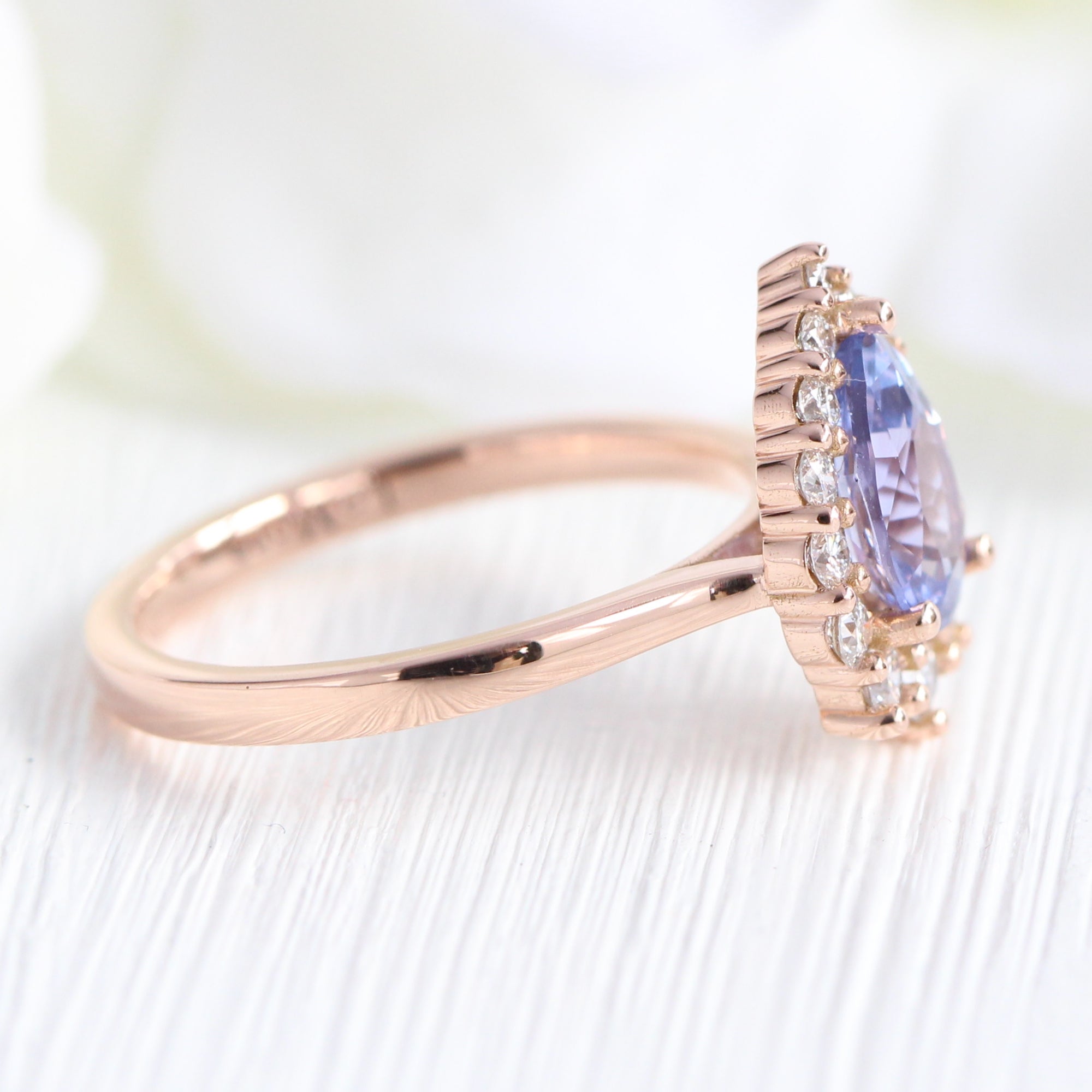 Halo diamond lavender sapphire ring rose gold pear engagement ring la more design jewelry