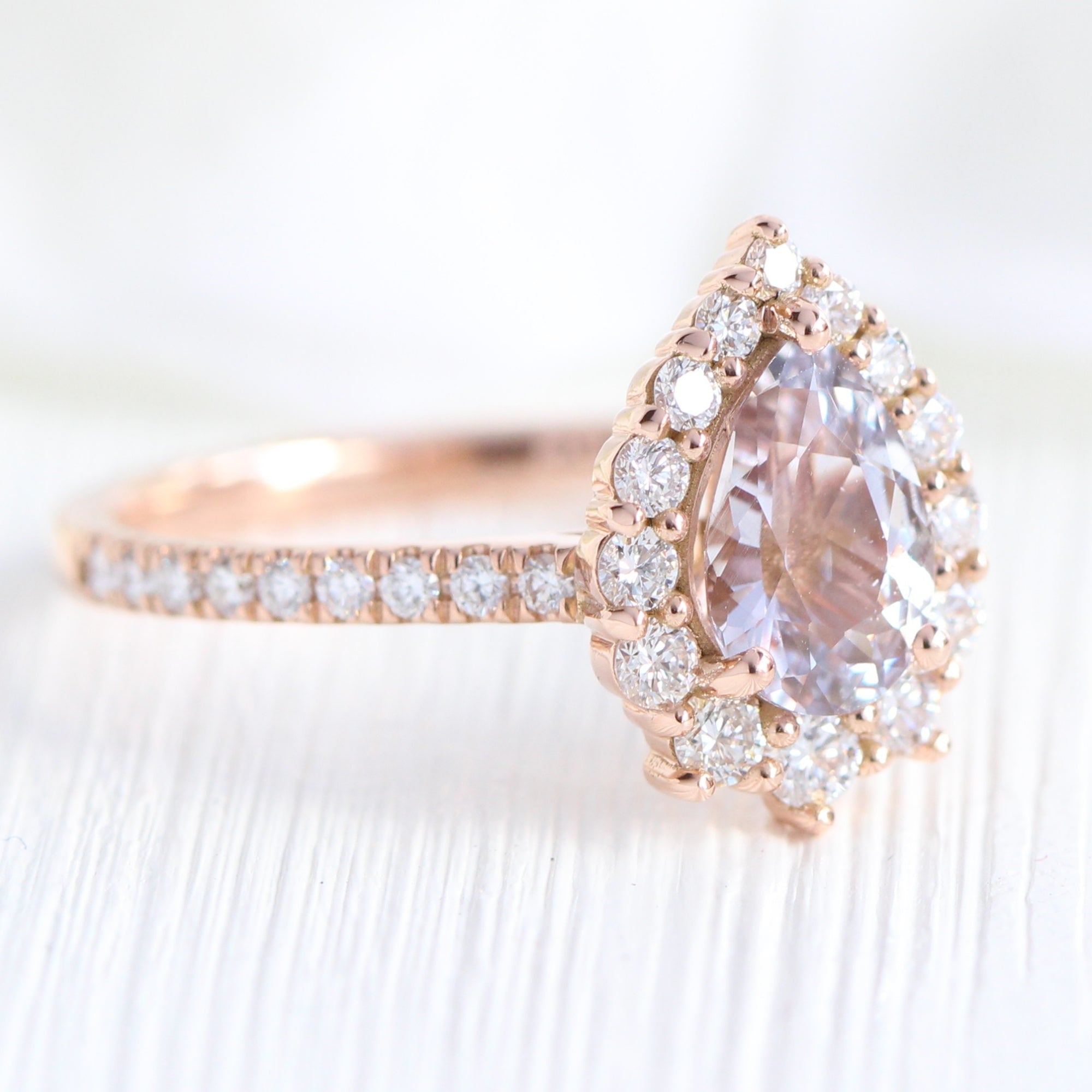 Halo diamond lavender sapphire ring rose gold pear engagement ring la more design jewelry