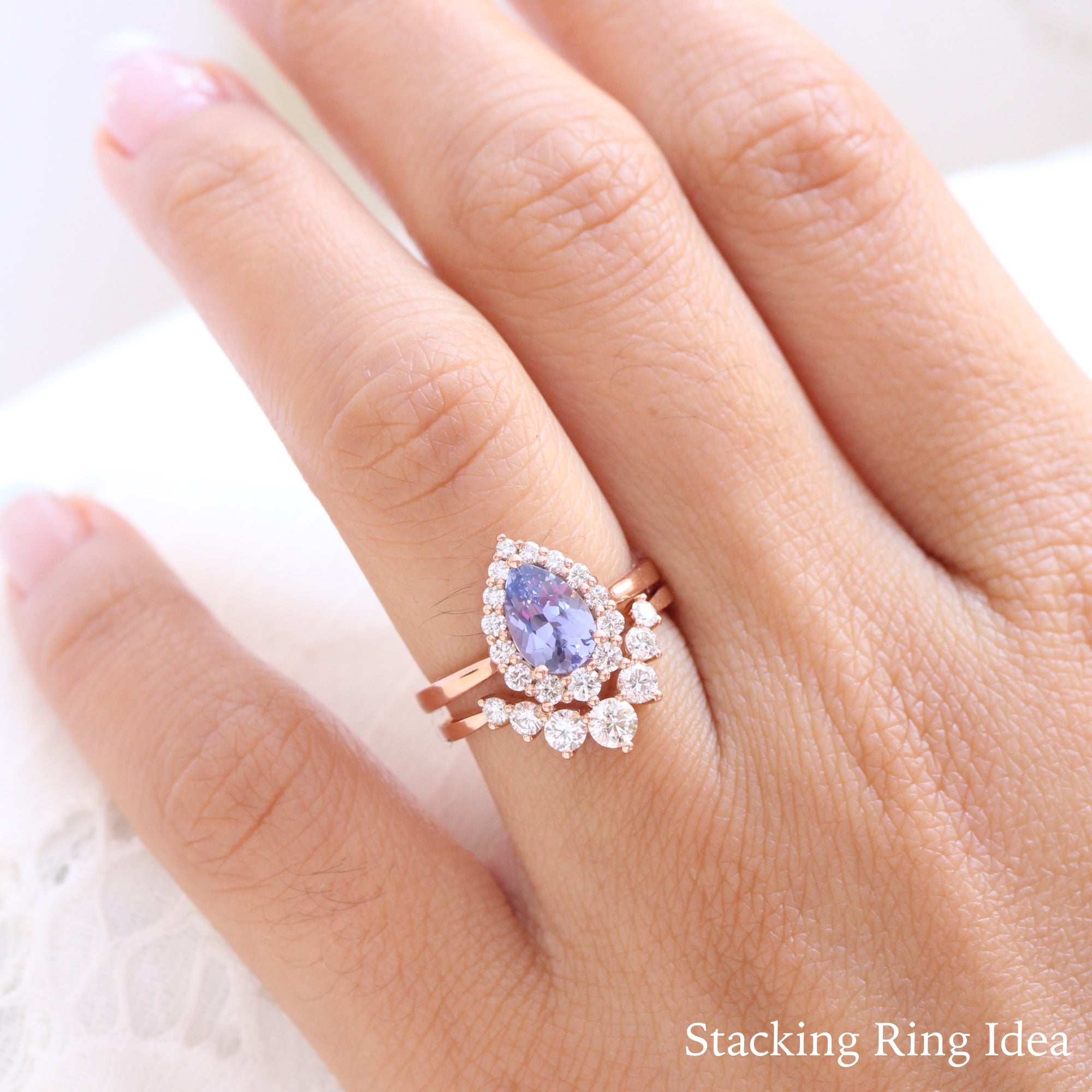 Halo diamond lavender sapphire ring rose gold pear engagement ring la more design jewelry