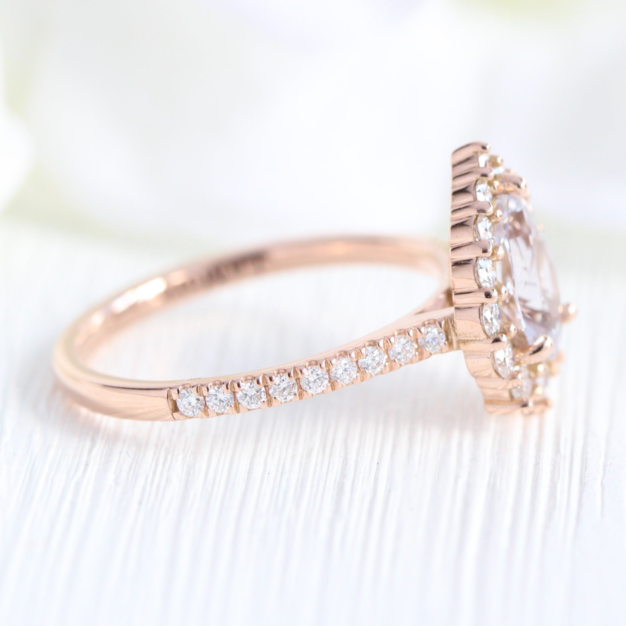 Halo diamond lavender sapphire ring rose gold pear engagement ring la more design jewelry