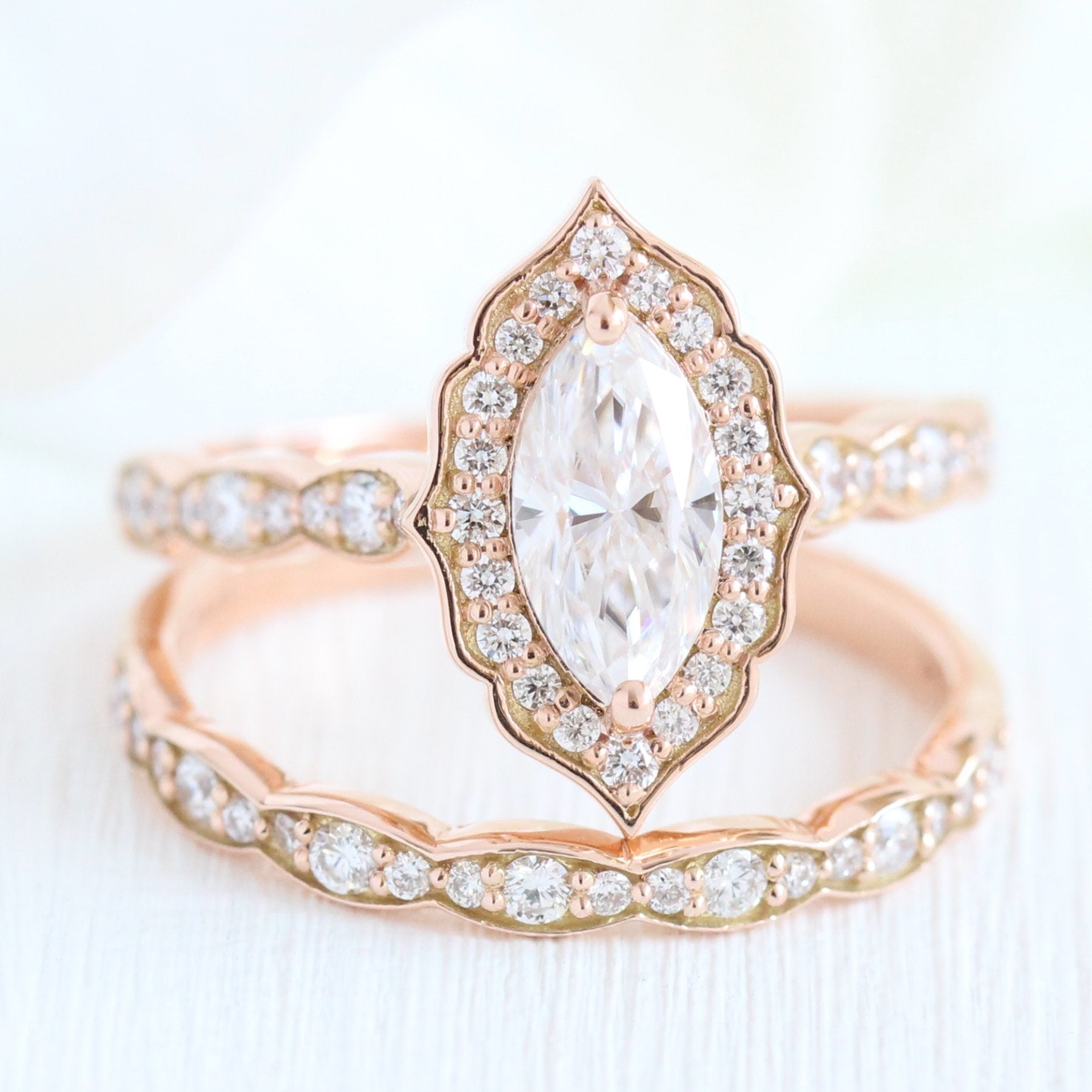 Halo diamond marquise engagement ring rose gold wedding ring bridal set by la more design jewelry