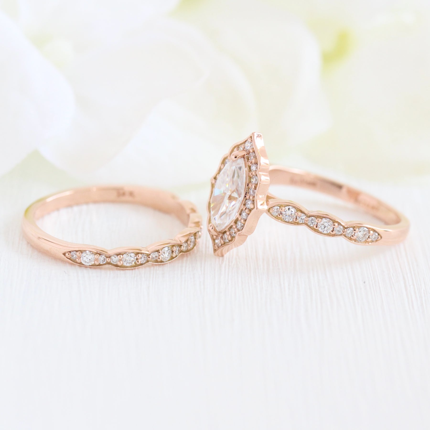 Halo diamond marquise engagement ring rose gold wedding ring bridal set by la more design jewelry