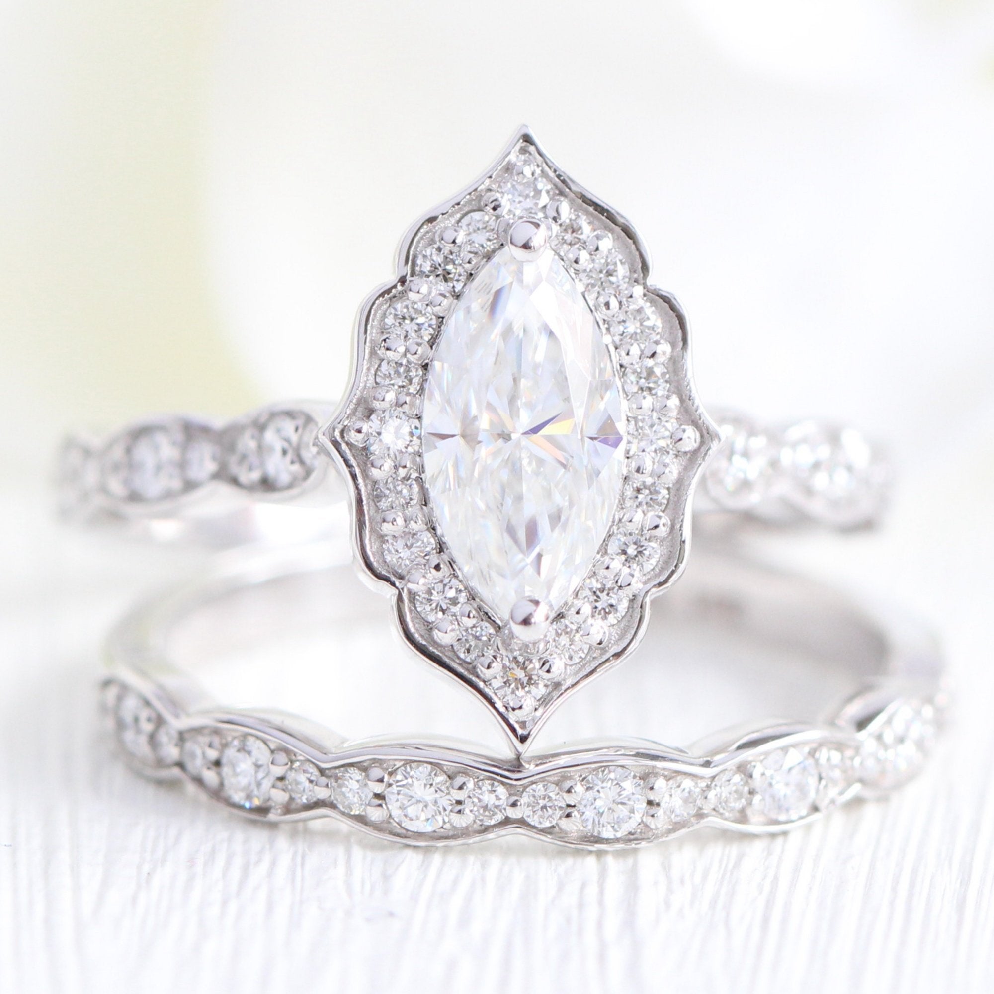 Halo diamond marquise engagement ring white gold wedding ring bridal set by la more design jewelry