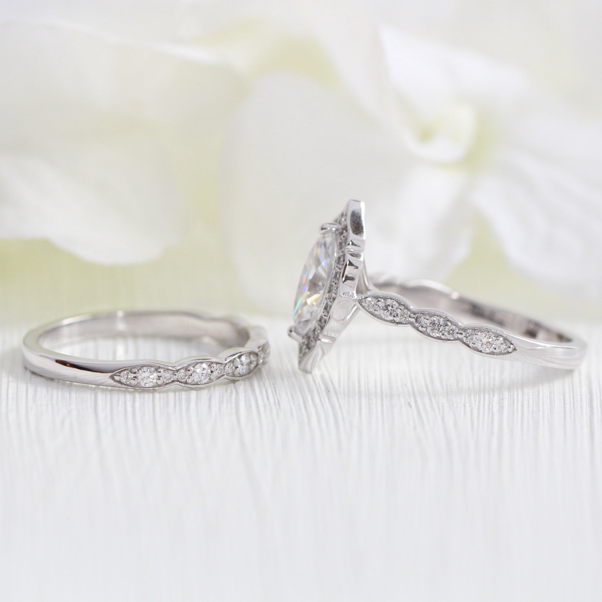 Halo diamond marquise engagement ring white gold wedding ring bridal set by la more design jewelry