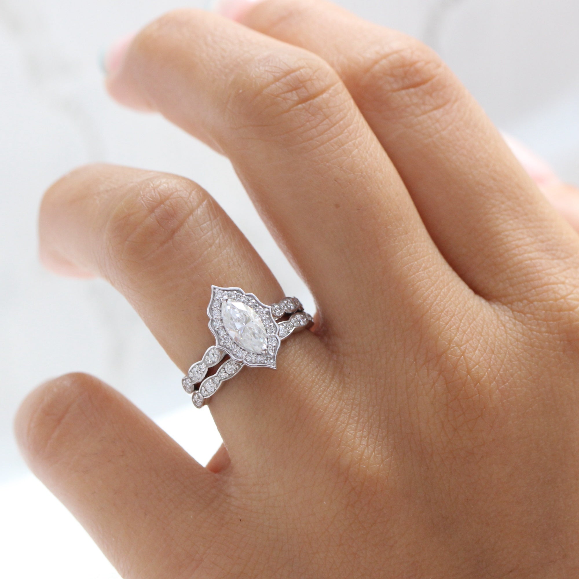 Halo diamond marquise engagement ring white gold wedding ring bridal set by la more design jewelry