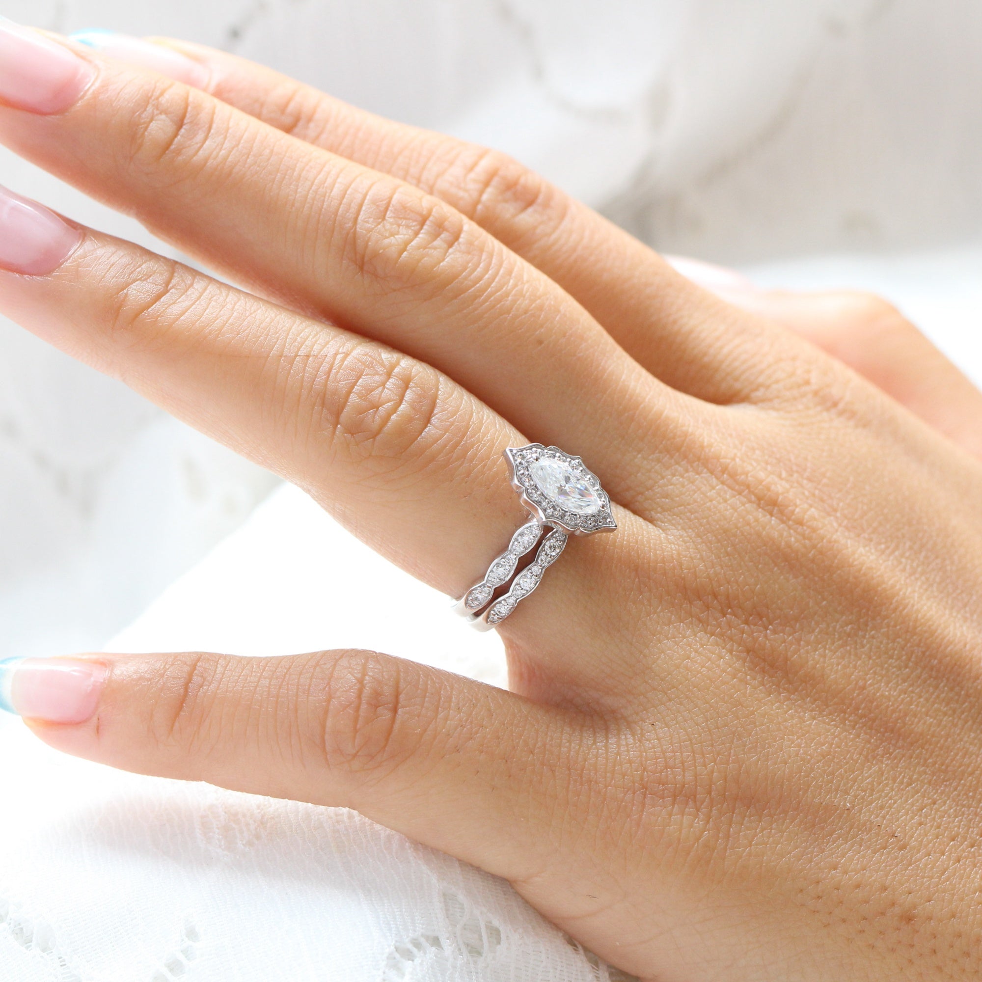 Halo diamond marquise engagement ring white gold wedding ring bridal set by la more design jewelry