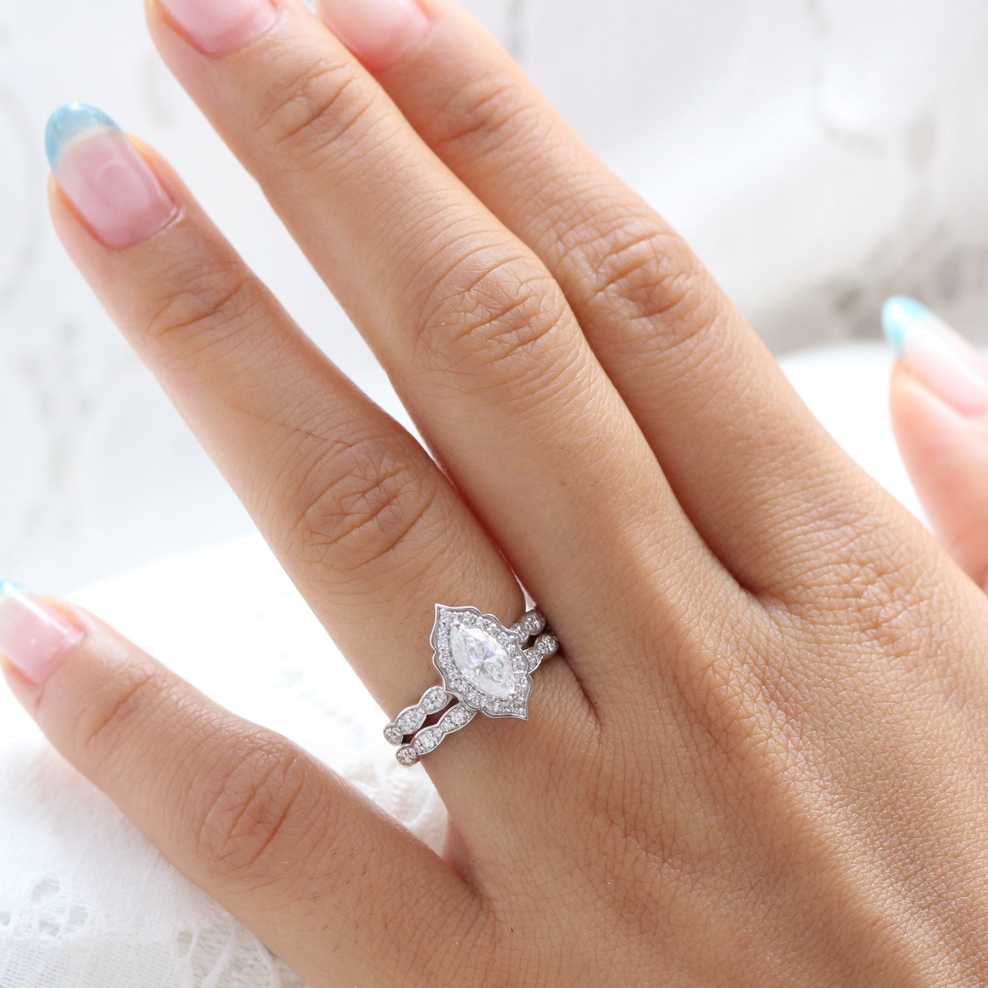 Halo diamond marquise engagement ring white gold wedding ring bridal set by la more design jewelry