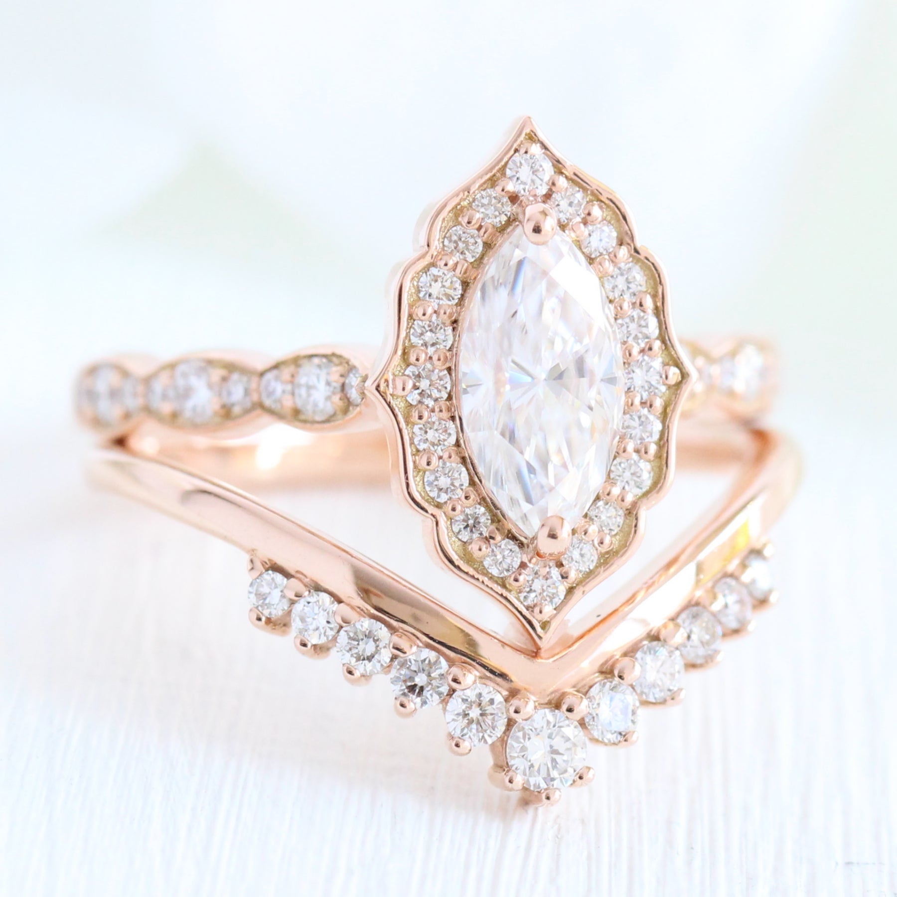 Halo diamond marquise ring rose gold curved V diamond wedding ring bridal set by la more design jewelry