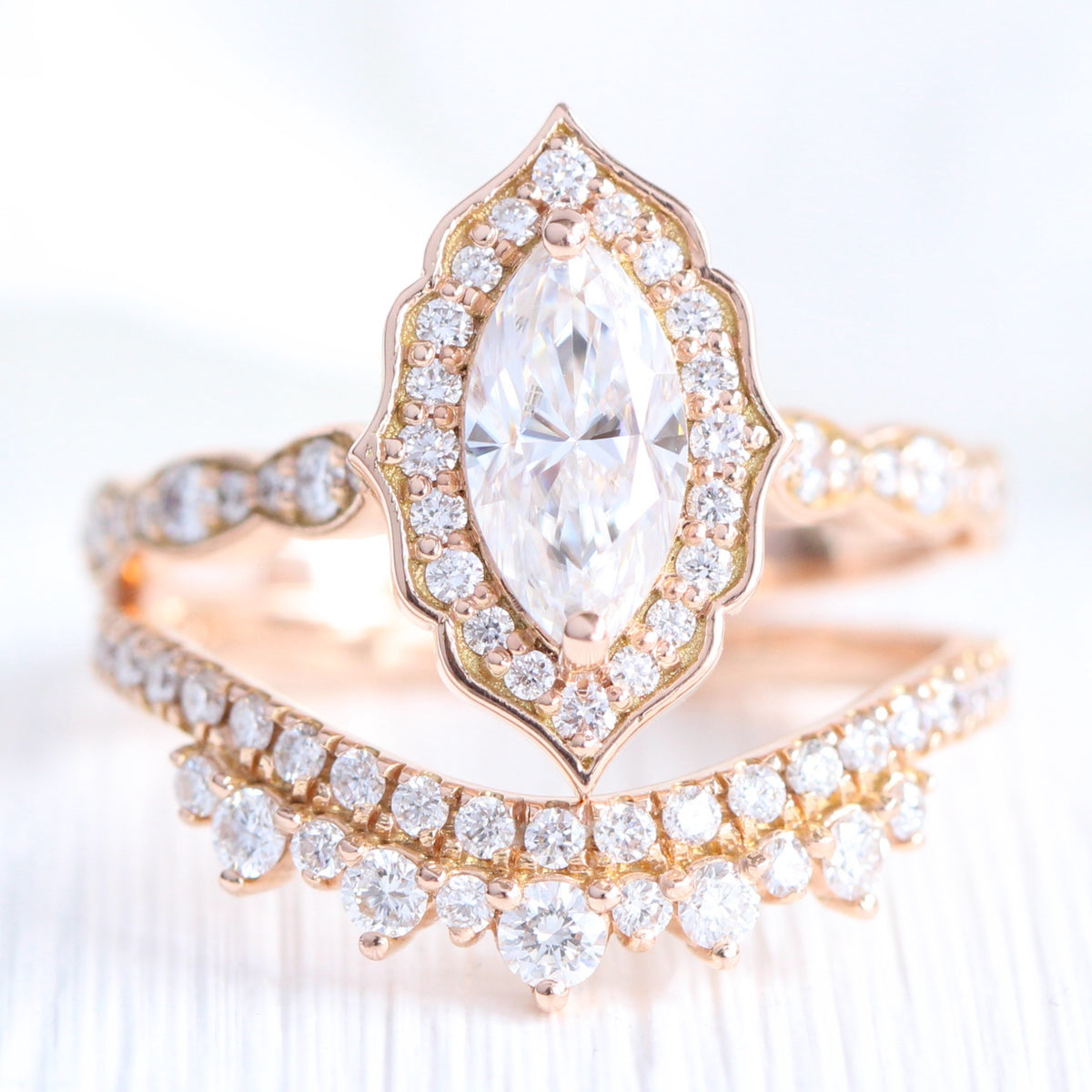 Halo diamond marquise ring rose gold curved crown diamond wedding ring bridal set by la more design jewelry