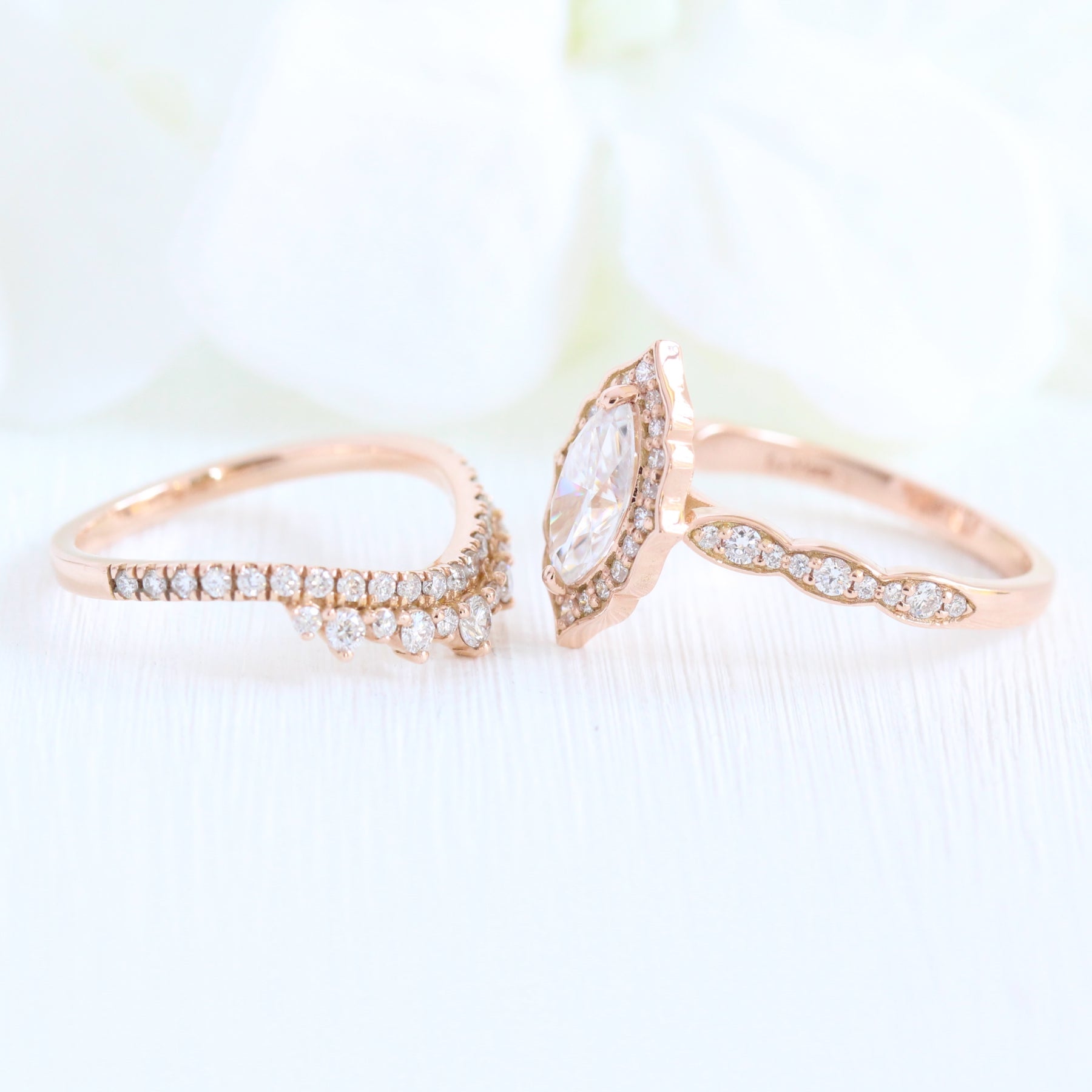 Halo diamond marquise ring rose gold curved crown diamond wedding ring bridal set by la more design jewelry