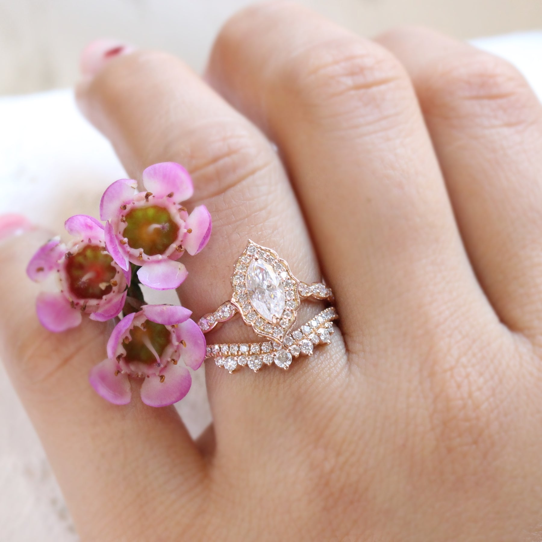 Halo diamond marquise ring rose gold curved crown diamond wedding ring bridal set by la more design jewelry