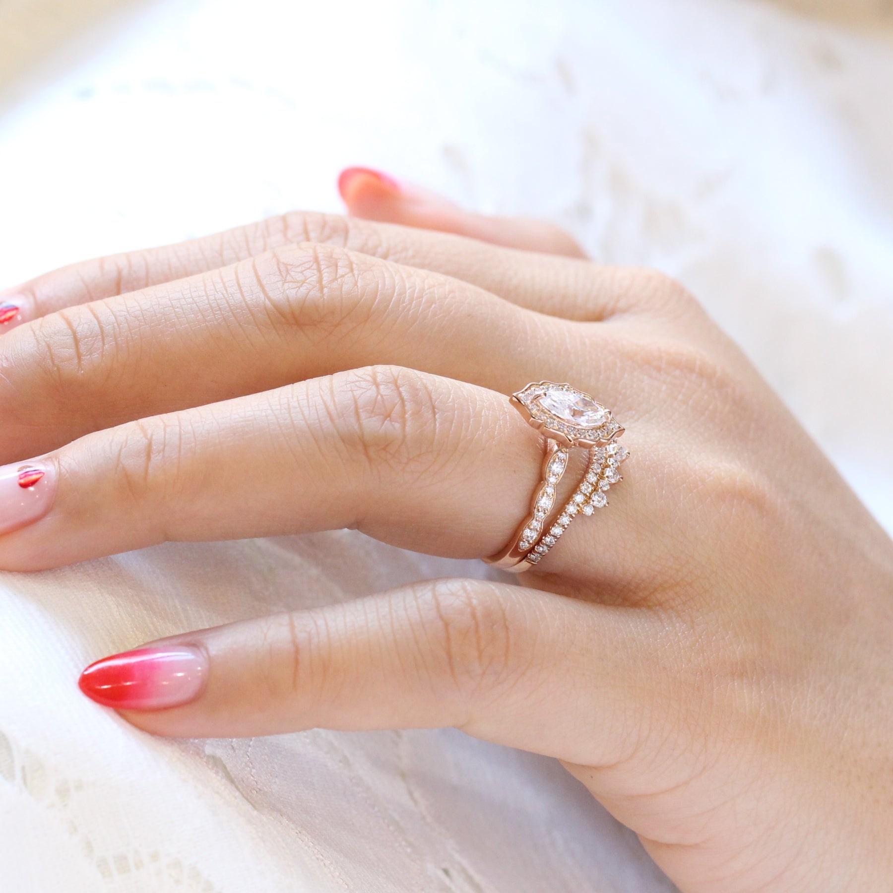 Halo diamond marquise ring rose gold curved crown diamond wedding ring bridal set by la more design jewelry