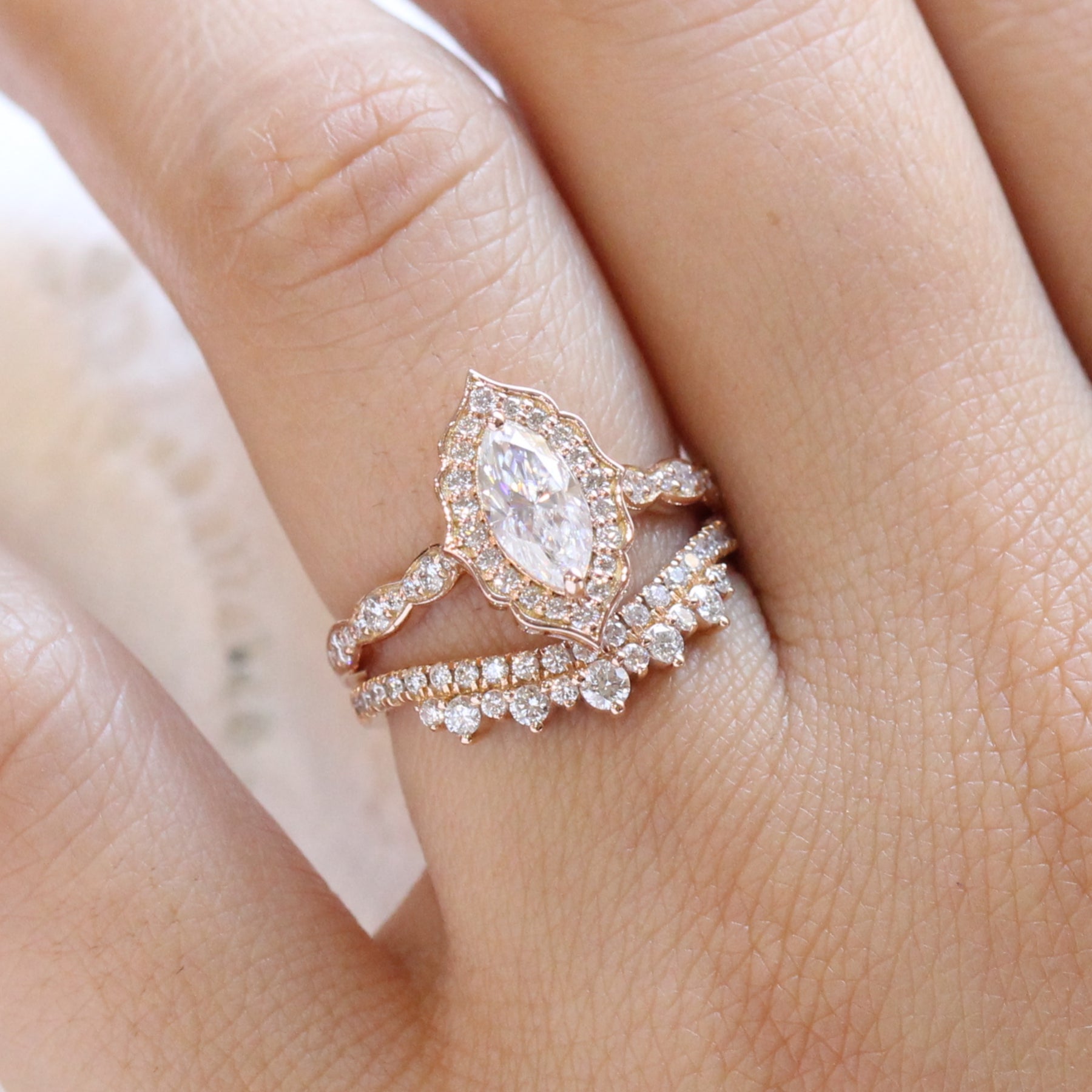Halo diamond marquise ring rose gold curved crown diamond wedding ring bridal set by la more design jewelry