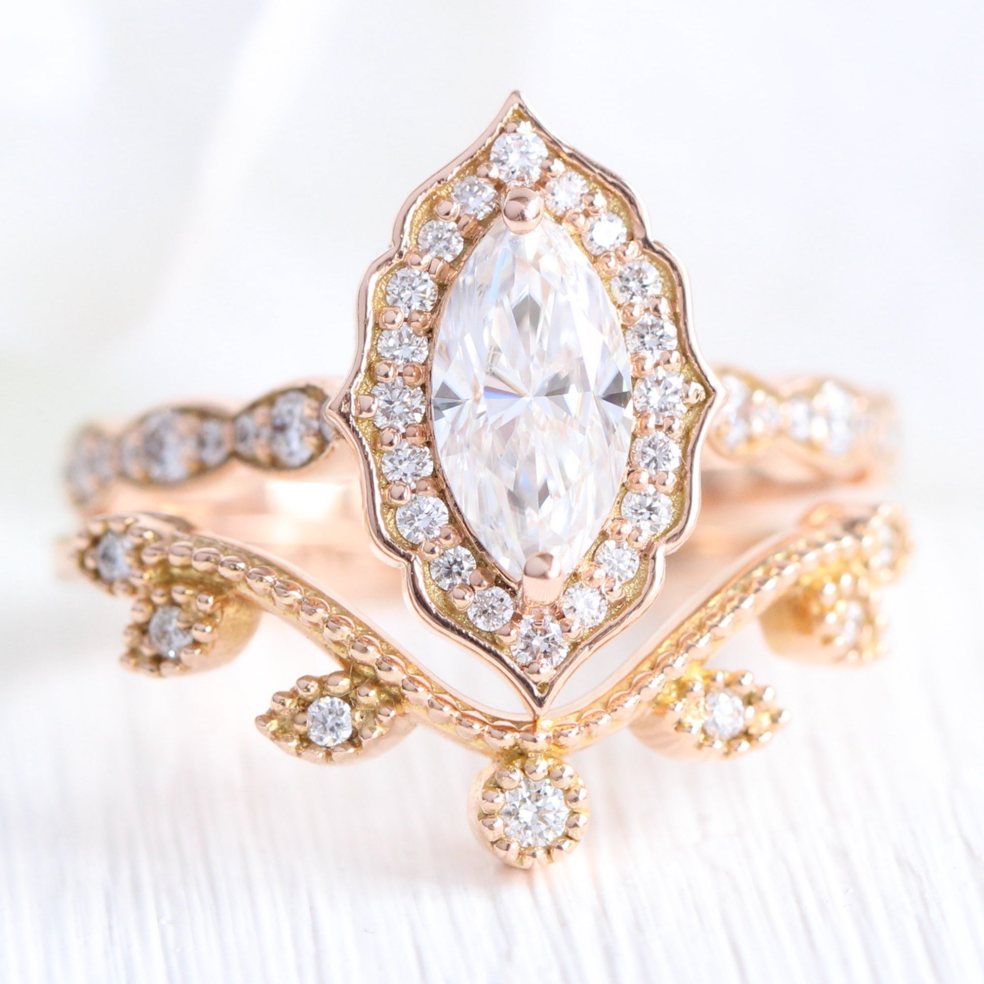 Halo diamond marquise ring rose gold curved diamond wedding ring bridal set by la more design jewelry
