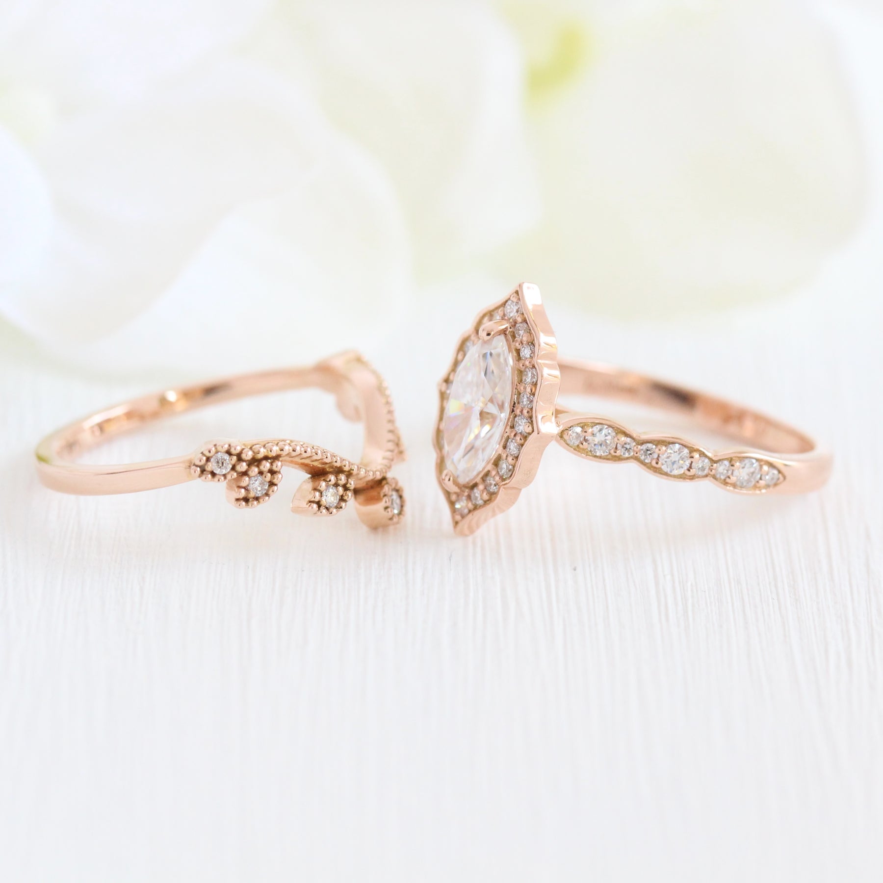 Halo diamond marquise ring rose gold curved diamond wedding ring bridal set by la more design jewelry