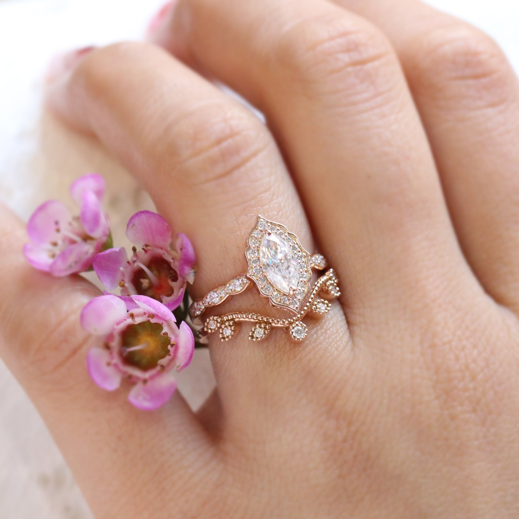 Halo diamond marquise ring rose gold curved diamond wedding ring bridal set by la more design jewelry