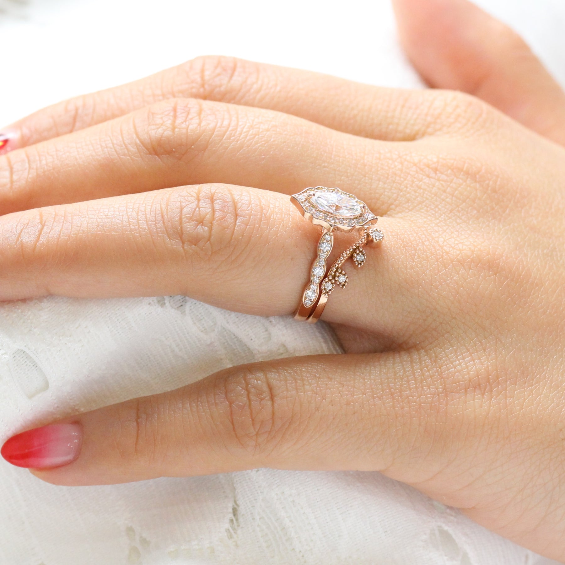 Halo diamond marquise ring rose gold curved diamond wedding ring bridal set by la more design jewelry