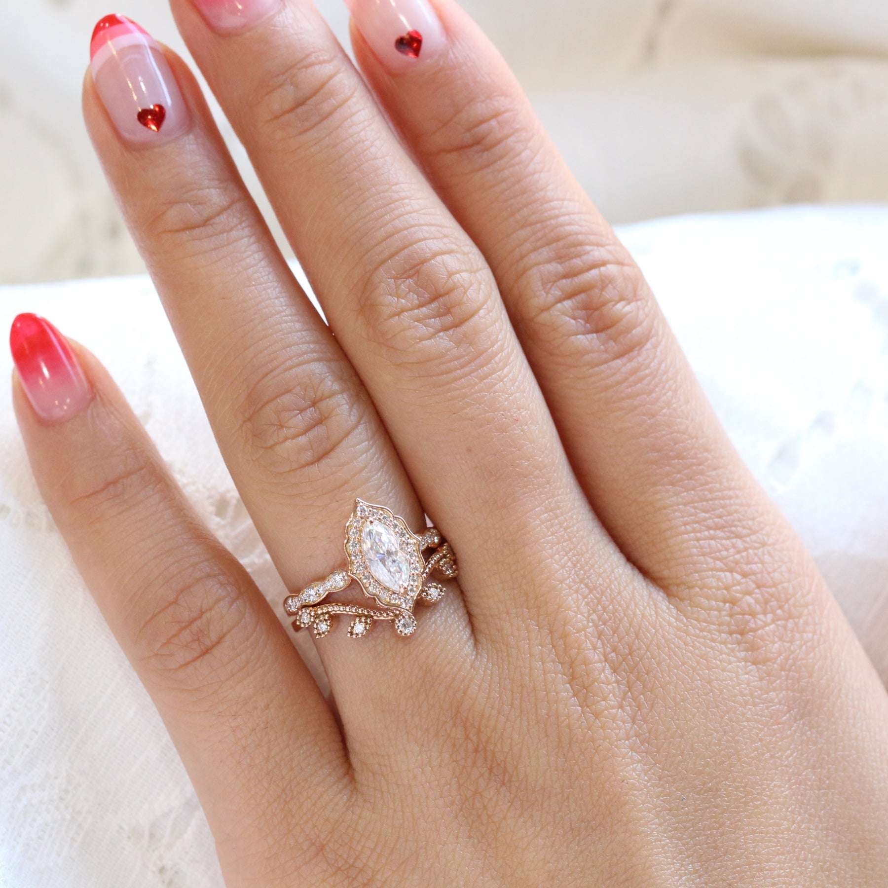 Halo diamond marquise ring rose gold curved diamond wedding ring bridal set by la more design jewelry