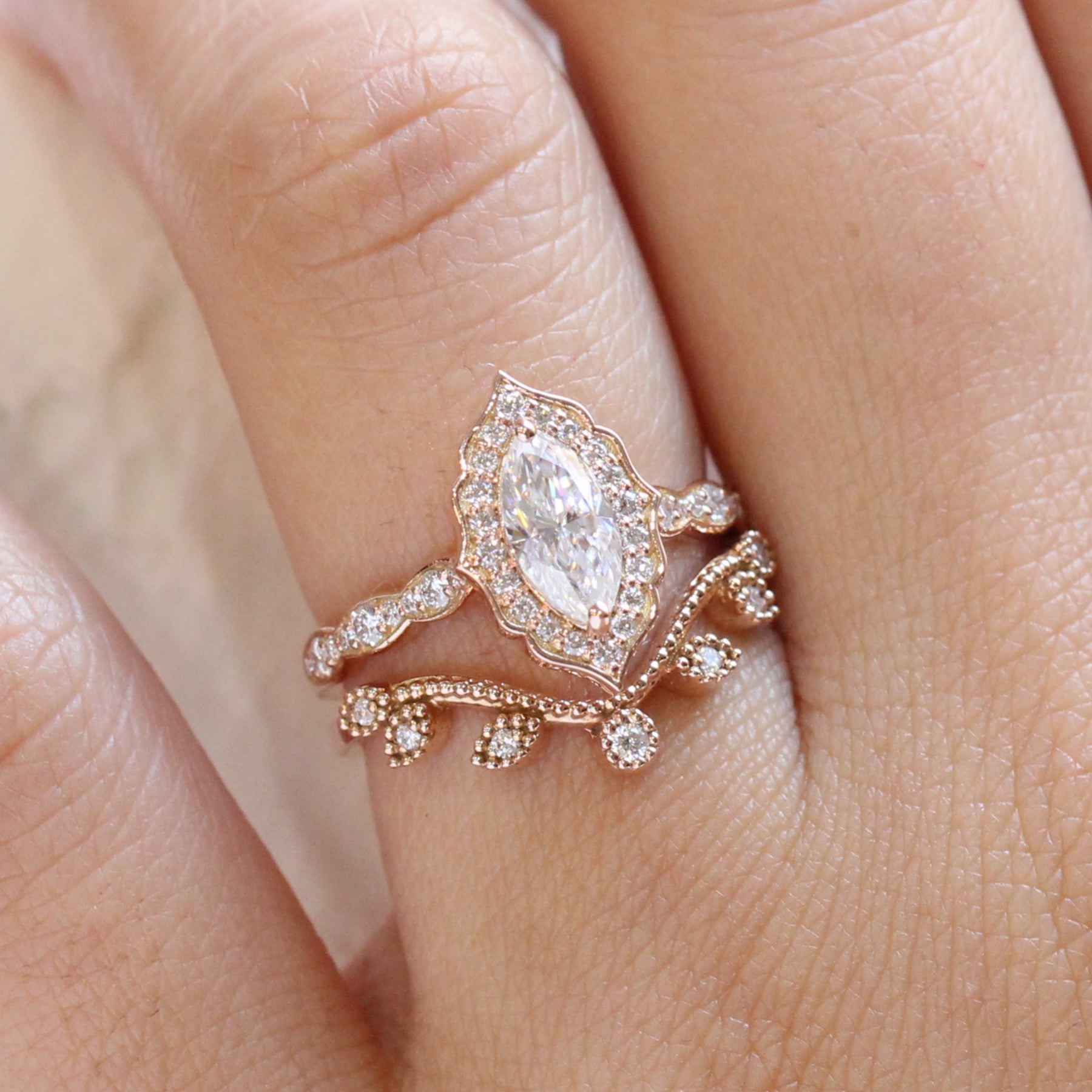 Halo diamond marquise ring rose gold curved diamond wedding ring bridal set by la more design jewelry