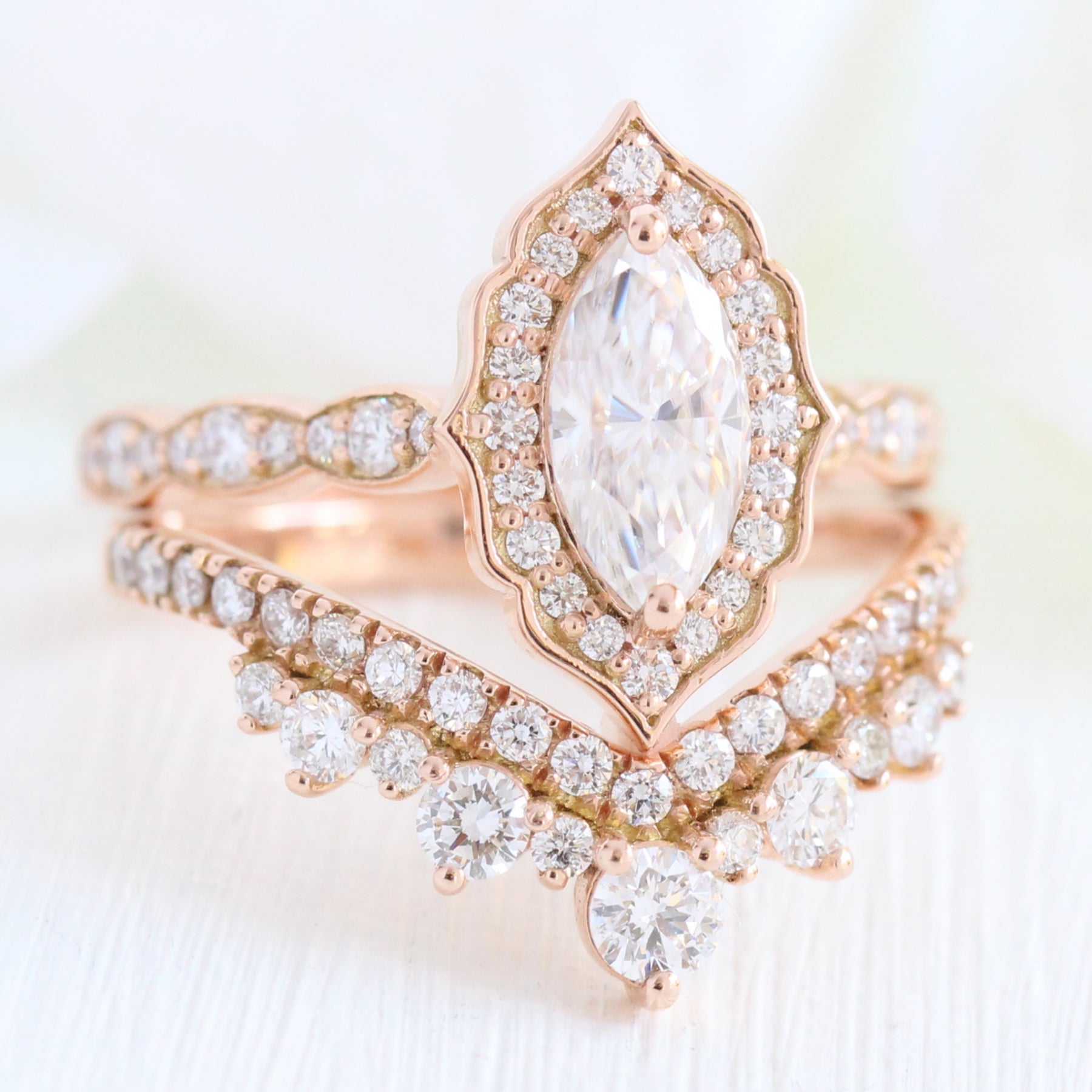 Halo diamond marquise ring rose gold large curved diamond wedding ring bridal set by la more design jewelry