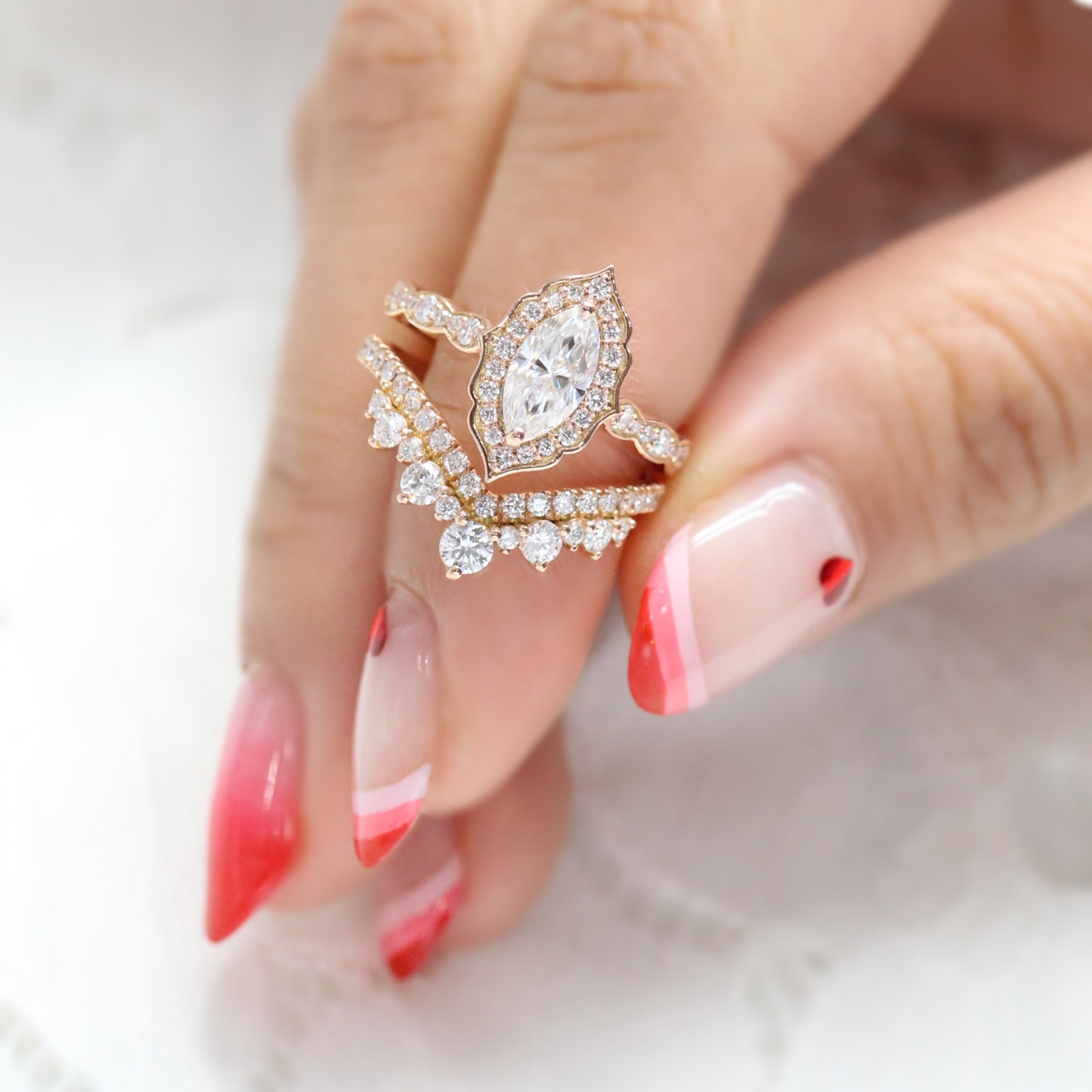 Halo diamond marquise ring rose gold large curved diamond wedding ring bridal set by la more design jewelry