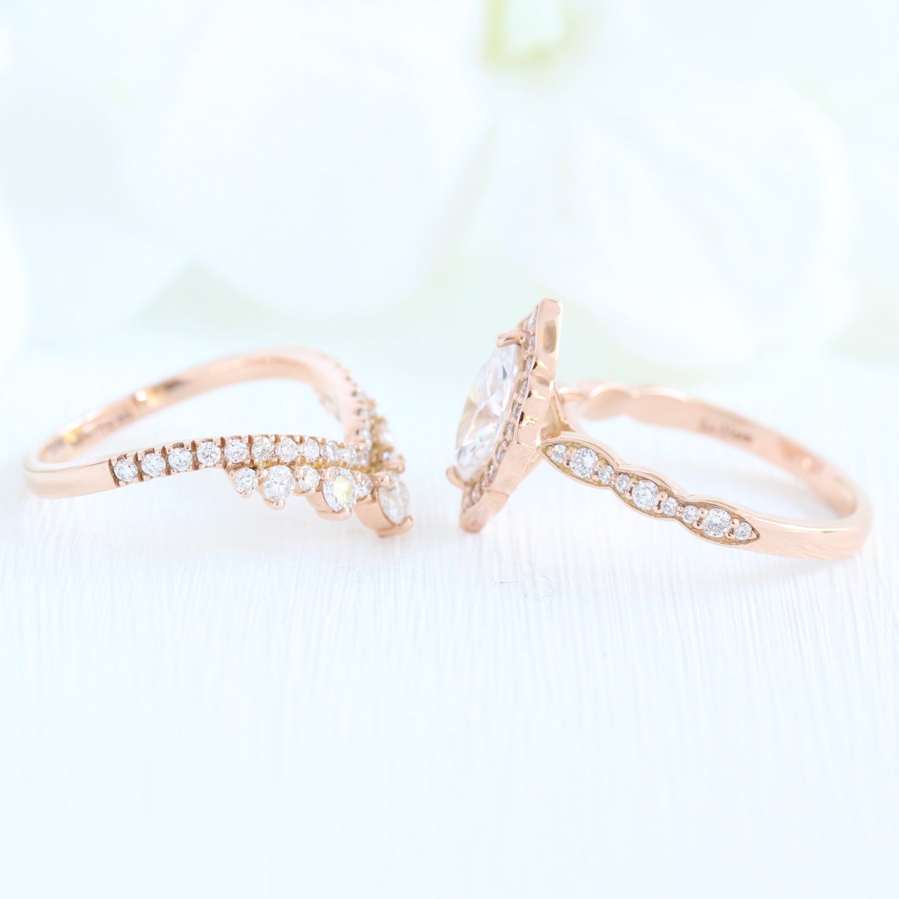 Halo diamond marquise ring rose gold large curved diamond wedding ring bridal set by la more design jewelry