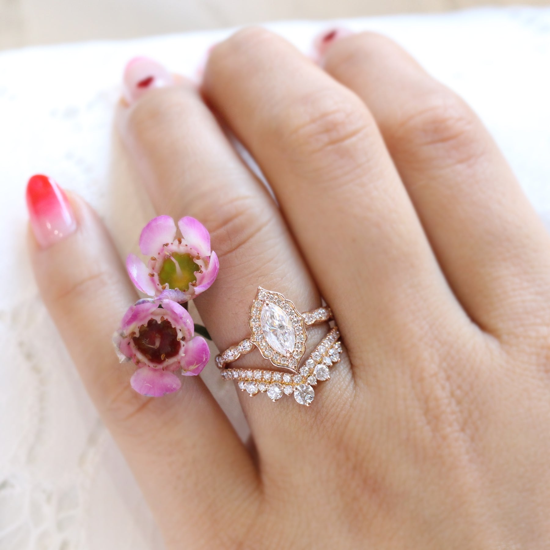 Halo diamond marquise ring rose gold large curved diamond wedding ring bridal set by la more design jewelry